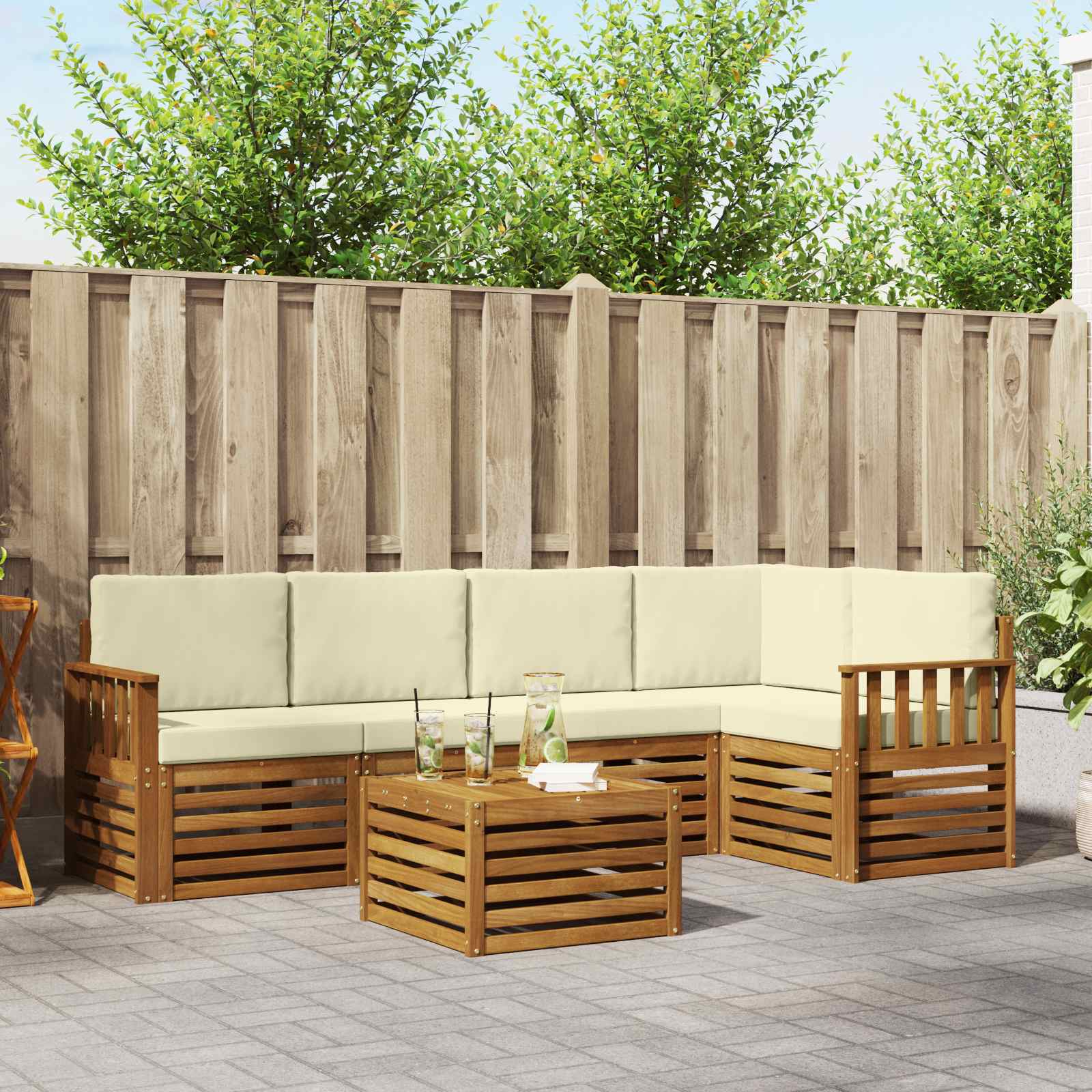 vidaXL Sofa-Sets 6 pcs Natuurlijk en Crème Massief Acaciahout