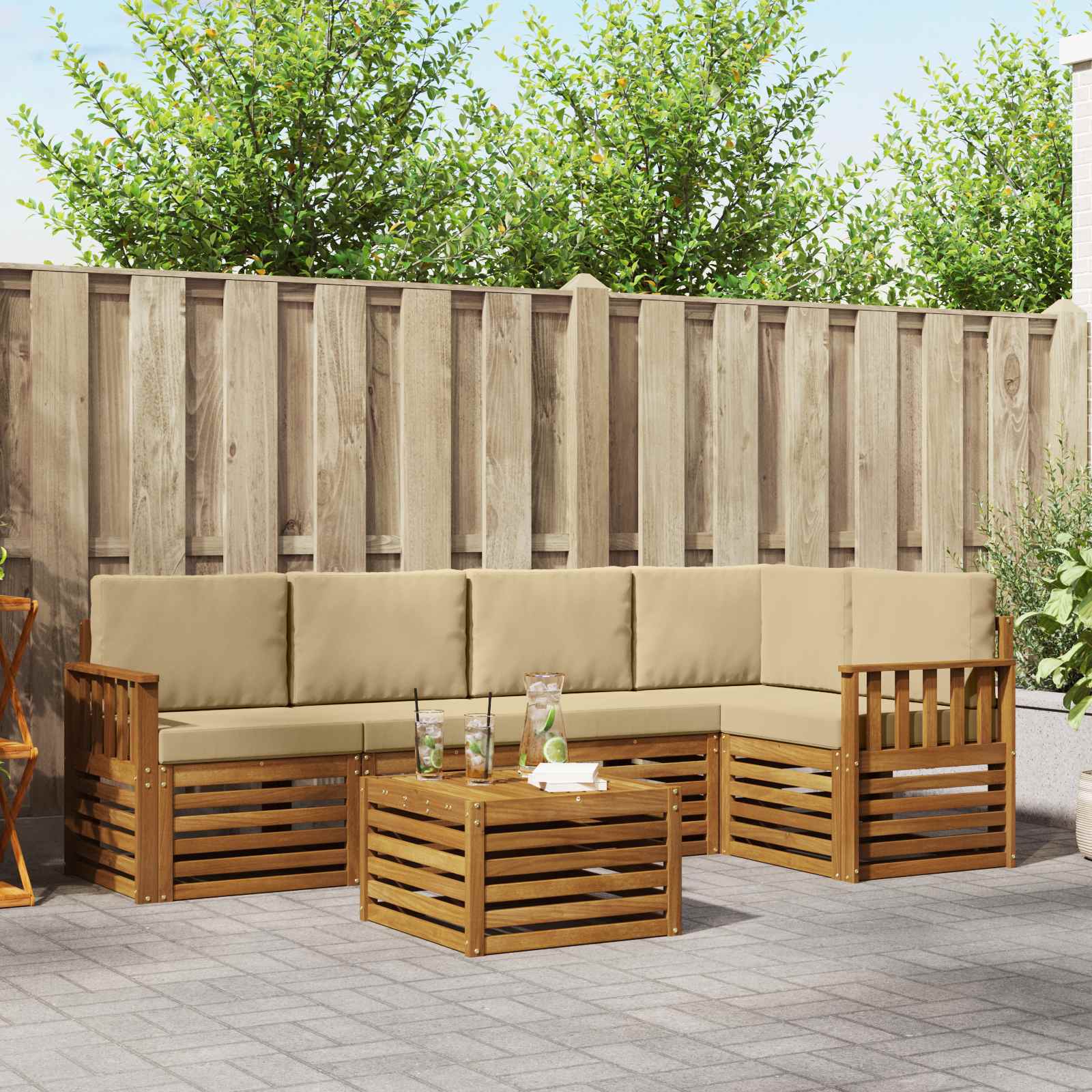 vidaXL Sofa-Sets 6 pcs Natuurlijk en Crème Massief Acaciahout