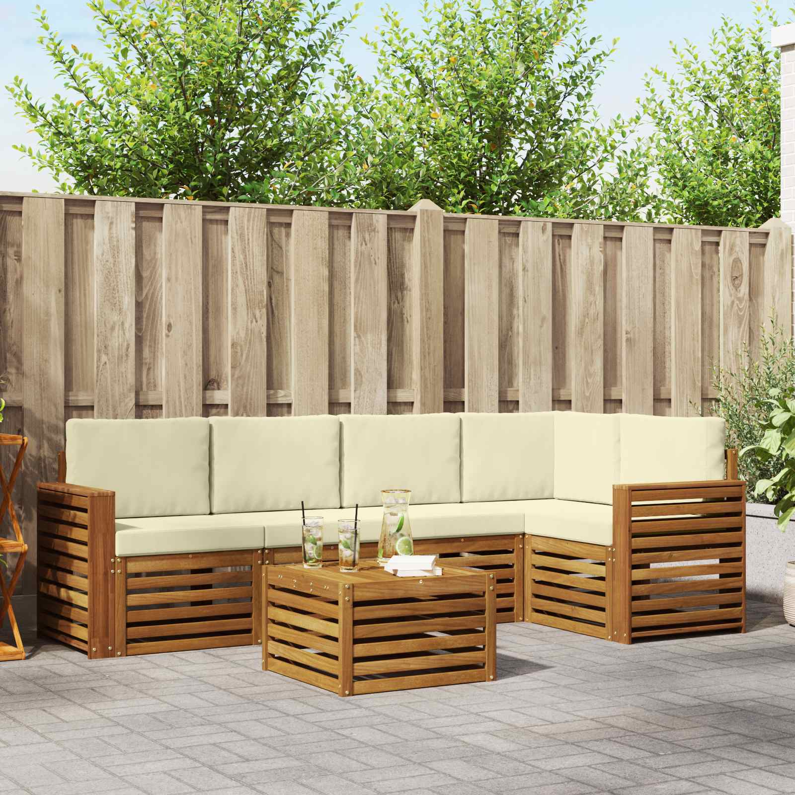vidaXL Sofa-Sets 6 pcs Natuurlijk en Crème Massief Acaciahout