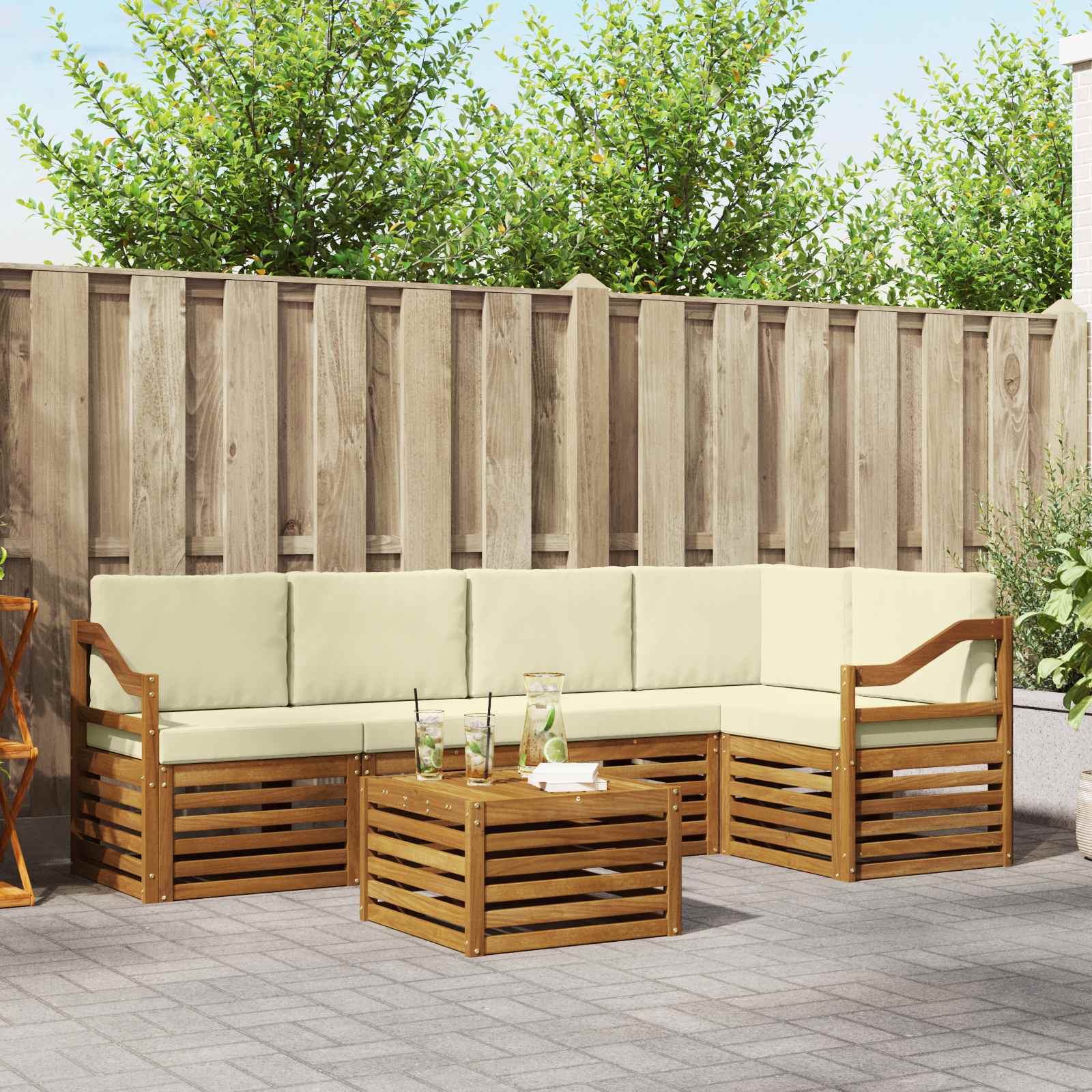 vidaXL Sofa-Sets 6 pcs Natuurlijk en Crème Massief Acaciahout