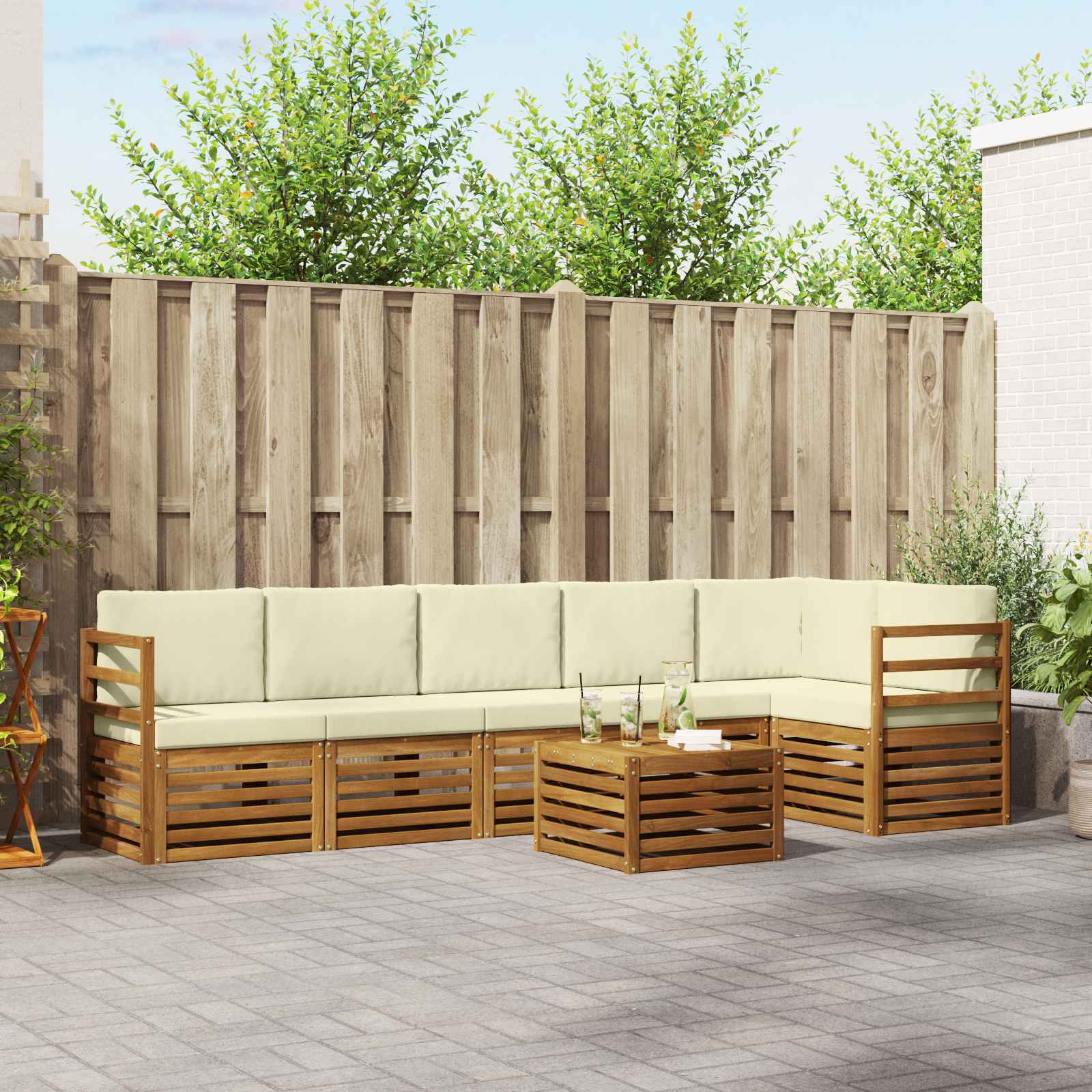 vidaXL Sofa-Sets 7 pcs Natuurlijk en Crème Massief Acaciahout