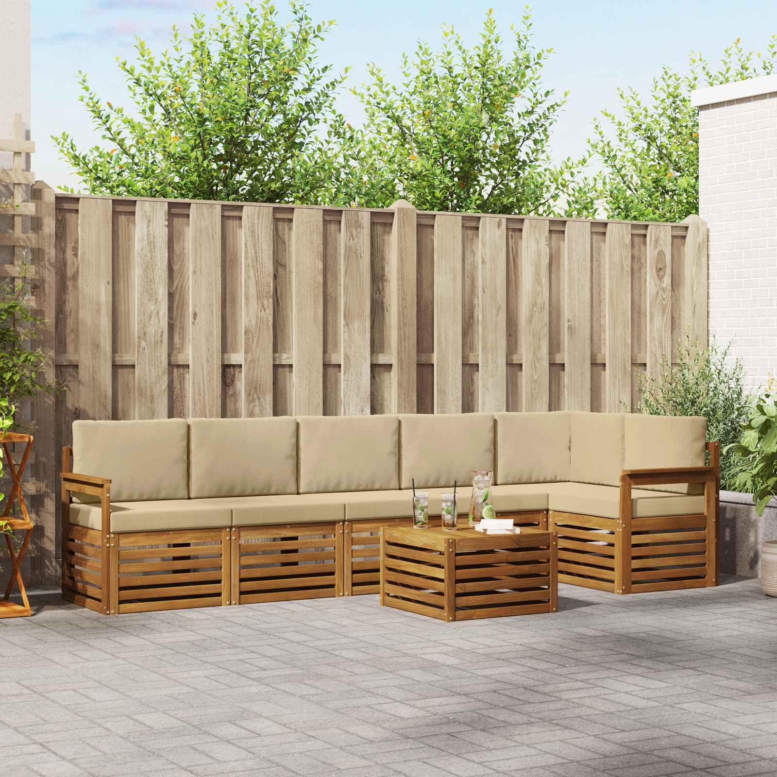 vidaXL Sofa-Sets 7 pcs Natuurlijk en Crème Massief Acaciahout
