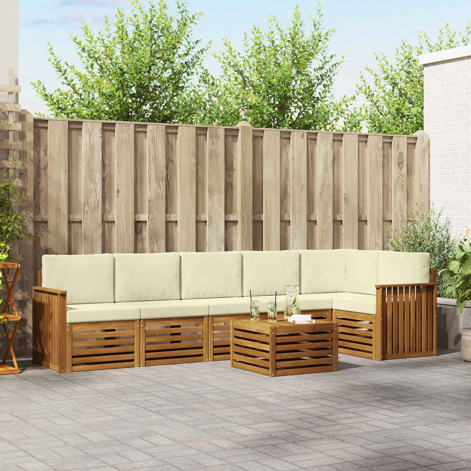 vidaXL Sofa-Sets 7 pcs Natuurlijk en Crème Massief Acaciahout