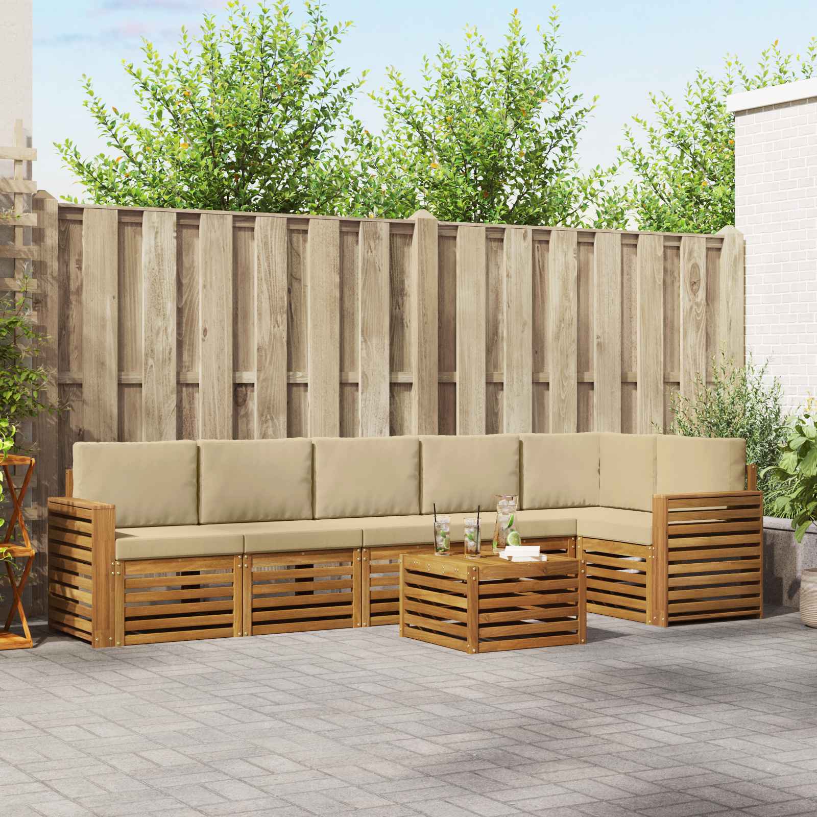 vidaXL Sofa-Sets 7 pcs Natuurlijk en Crème Massief Acaciahout