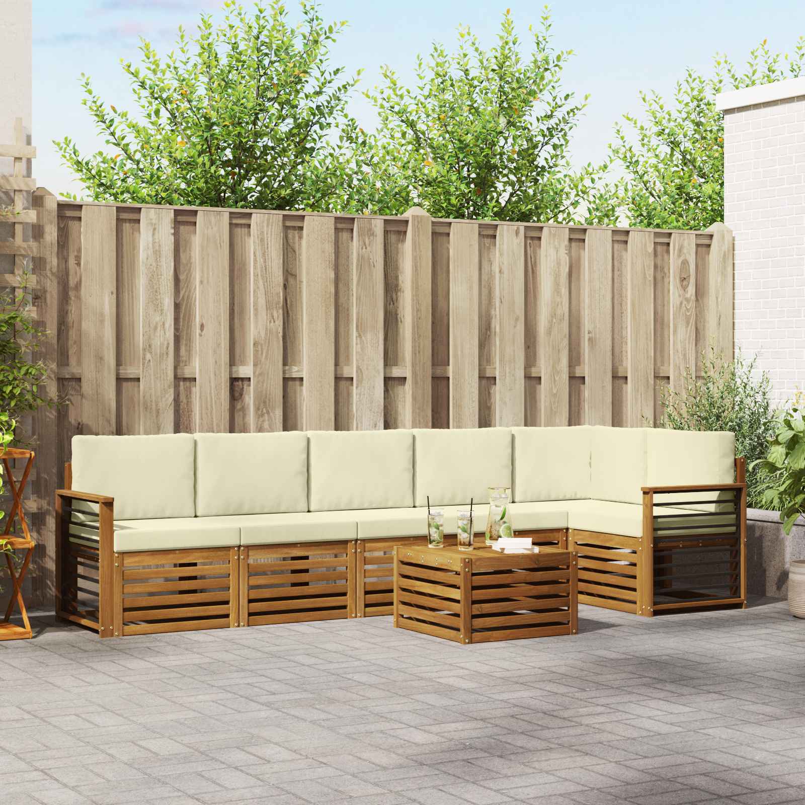 vidaXL Sofa-Sets 7 pcs Natuurlijk en Crème Massief Acaciahout