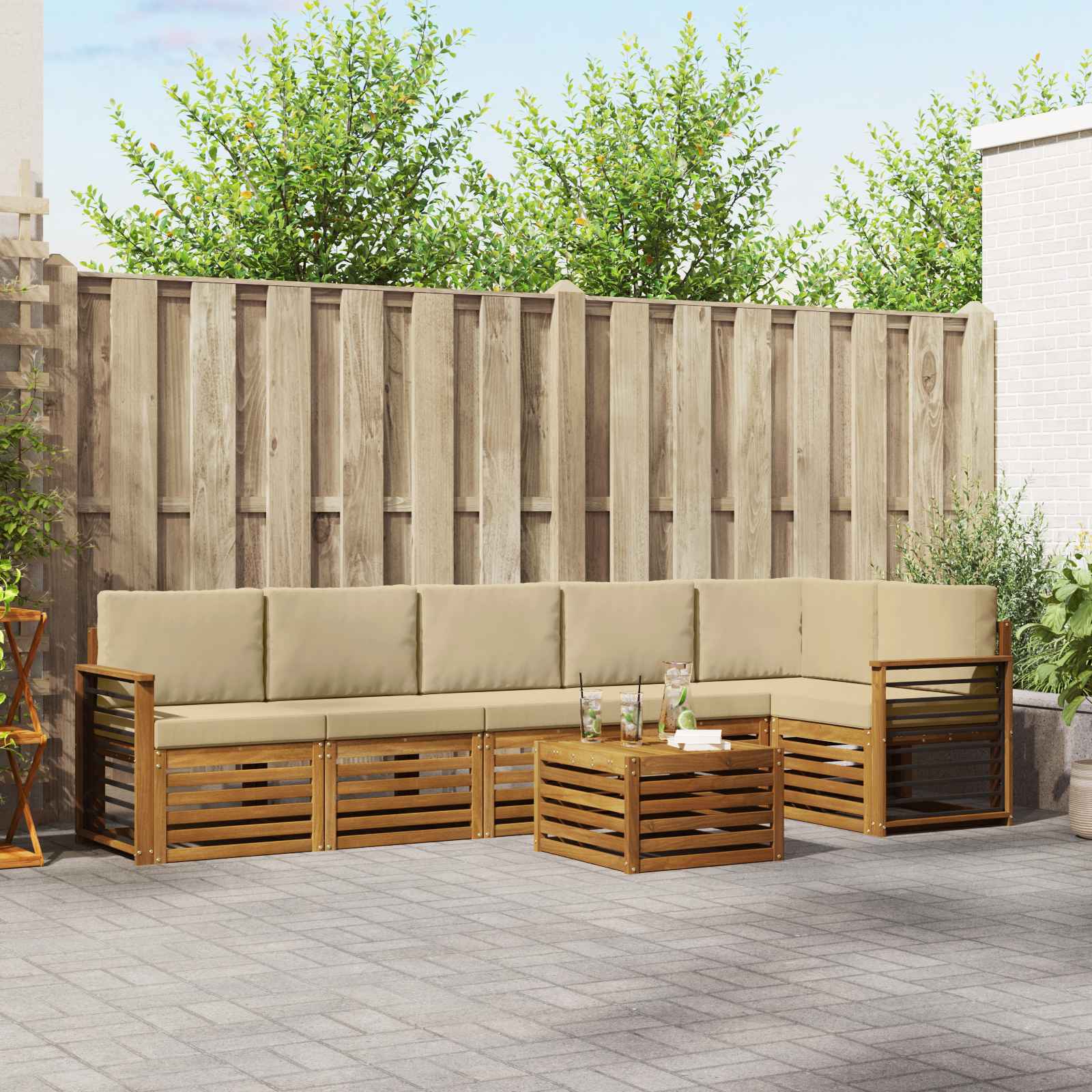 vidaXL Sofa-Sets 7 pcs Natuurlijk en Crème Massief Acaciahout