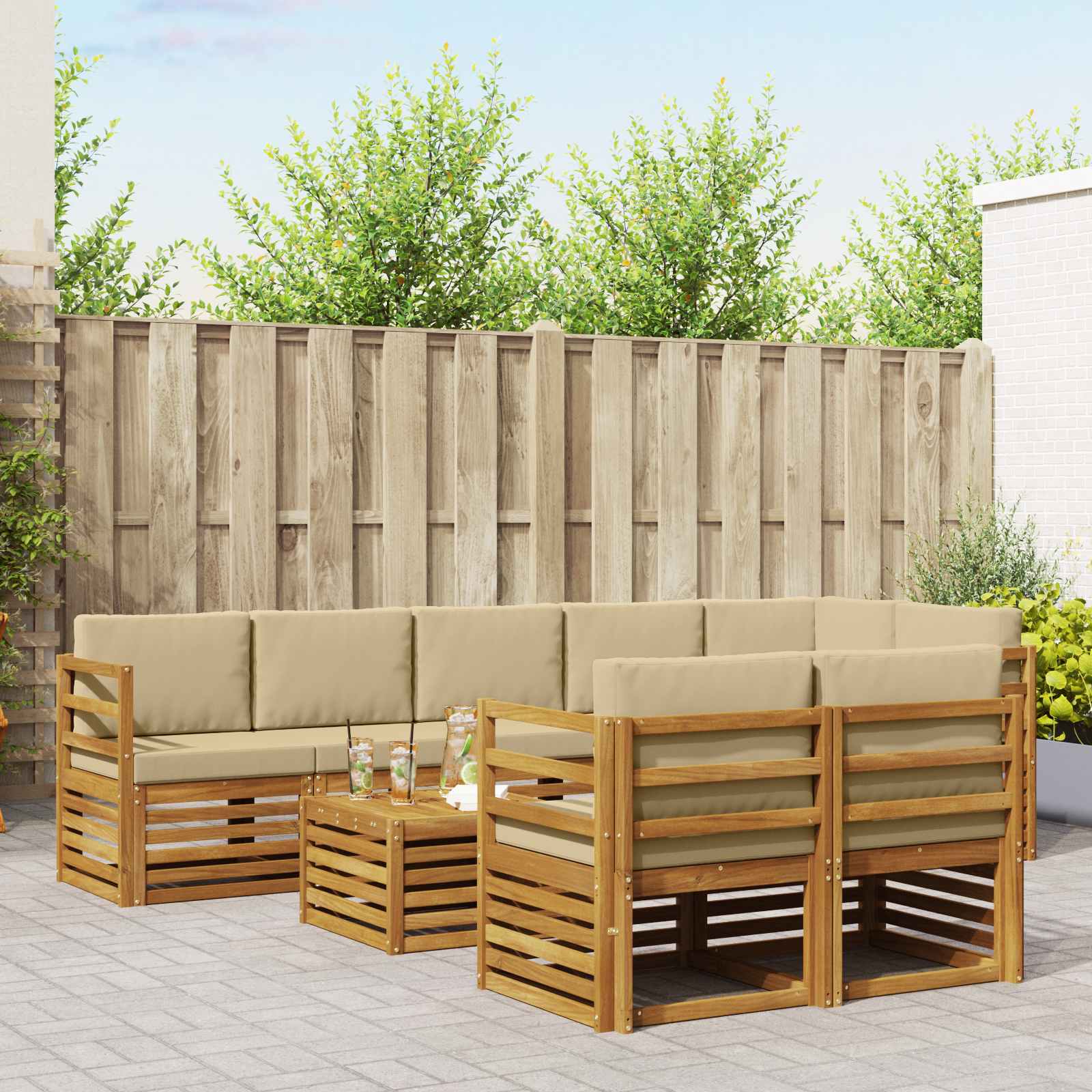 vidaXL Sofa-Sets 9 pcs Natuurlijk en Crème Massief Acaciahout