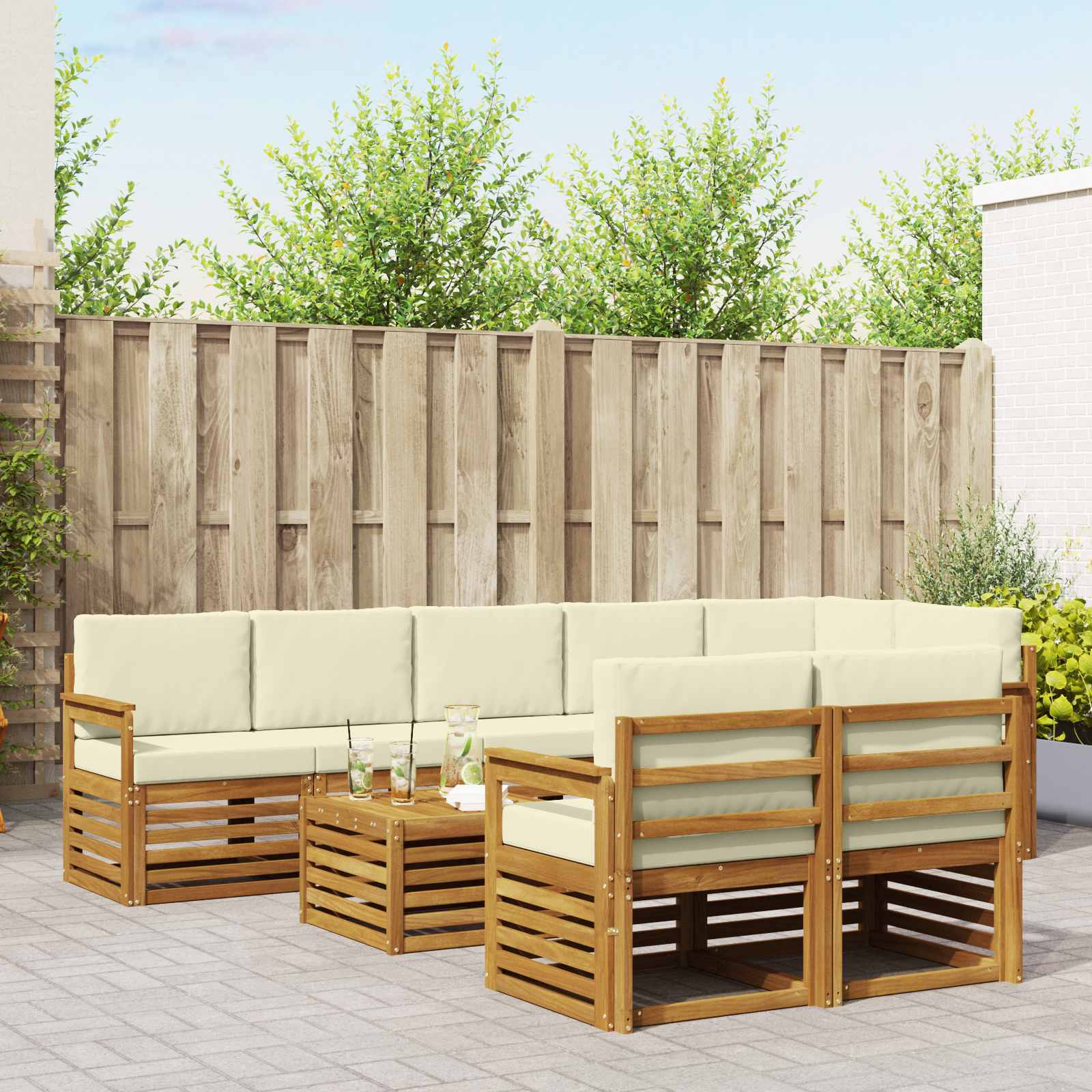 vidaXL Sofa-Sets 9 pcs Natuurlijk en Crème Massief Acaciahout