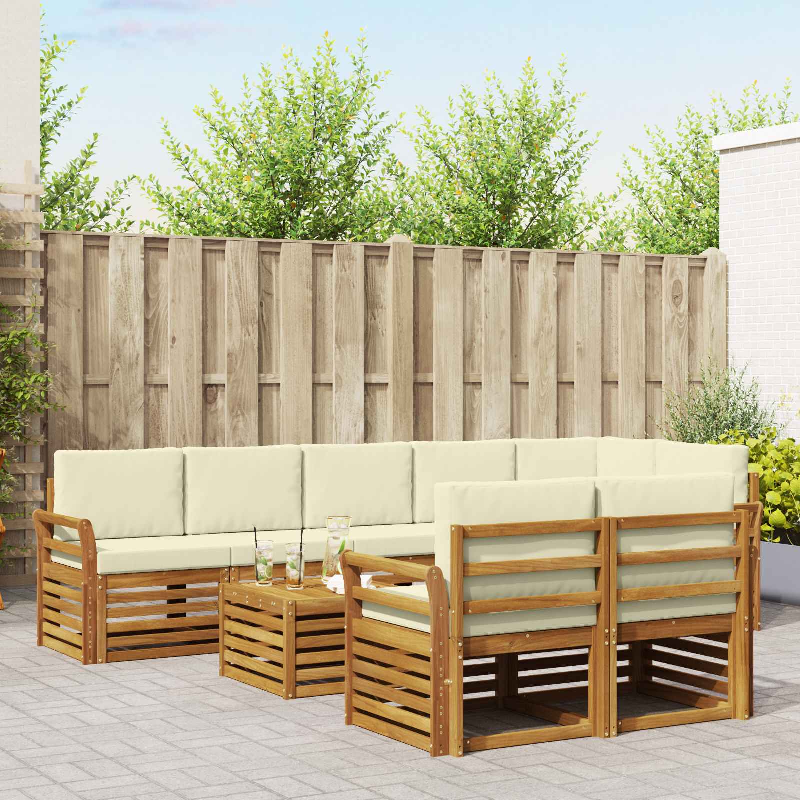 vidaXL Sofa-Sets 9 pcs Natuurlijk en Crème Massief Acaciahout