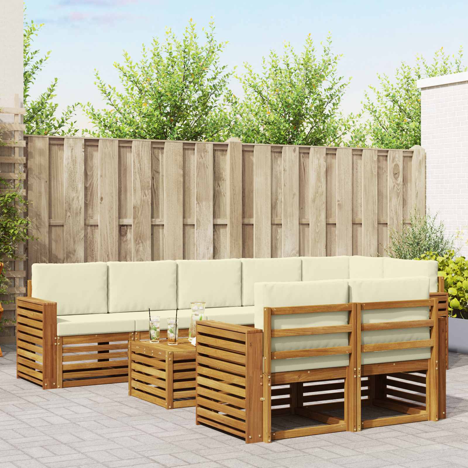 vidaXL Sofa-Sets 9 pcs Natuurlijk en Crème Massief Acaciahout