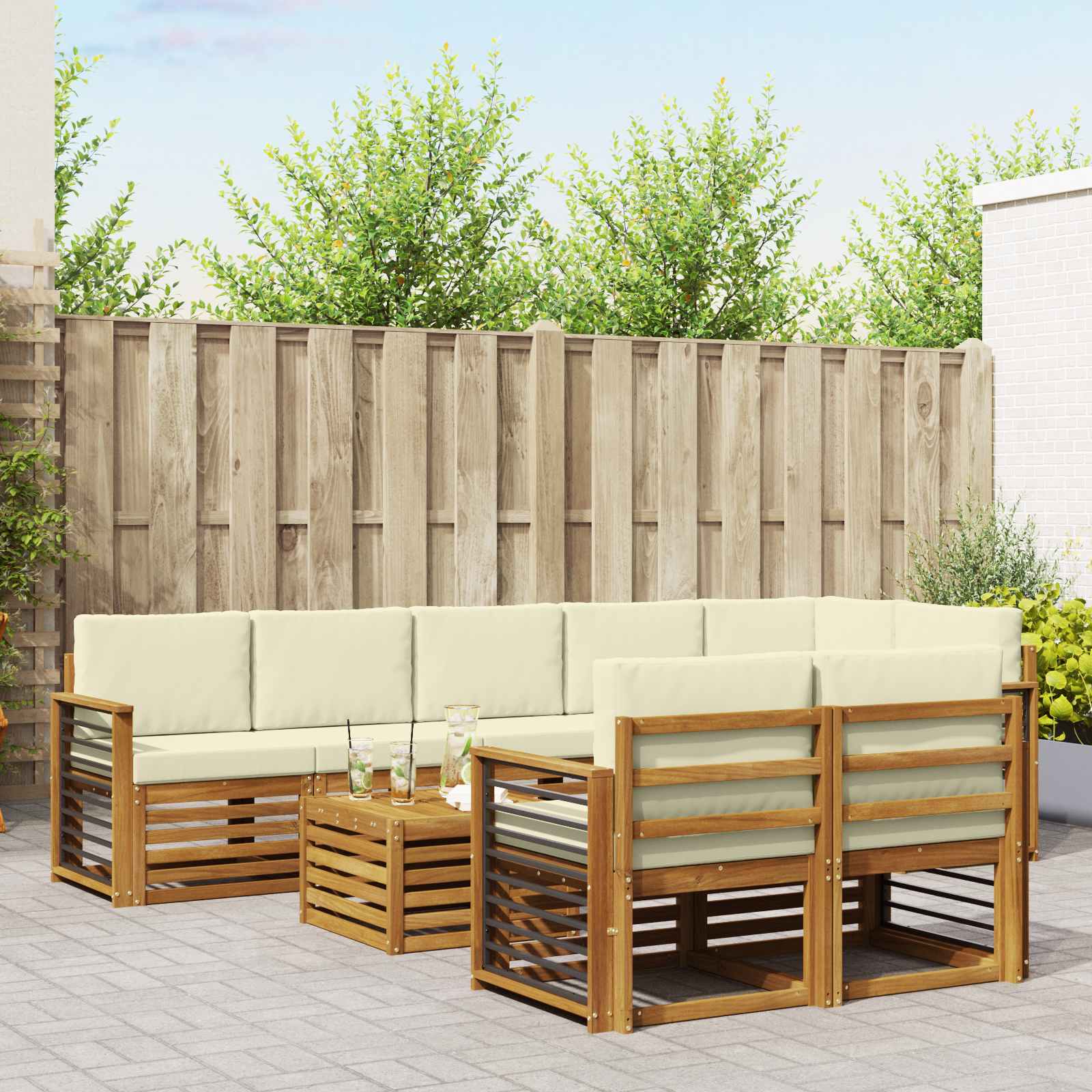 vidaXL Sofa-Sets 9 pcs Natuurlijk en Crème Massief Acaciahout