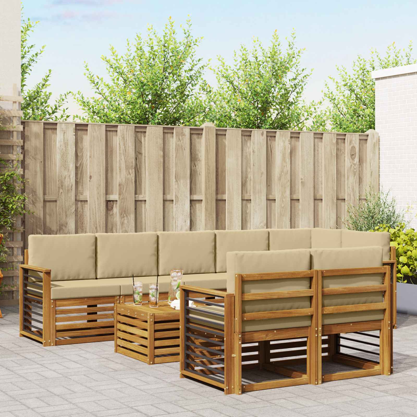 vidaXL Sofa-Sets 9 pcs Natuurlijk en Crème Massief Acaciahout