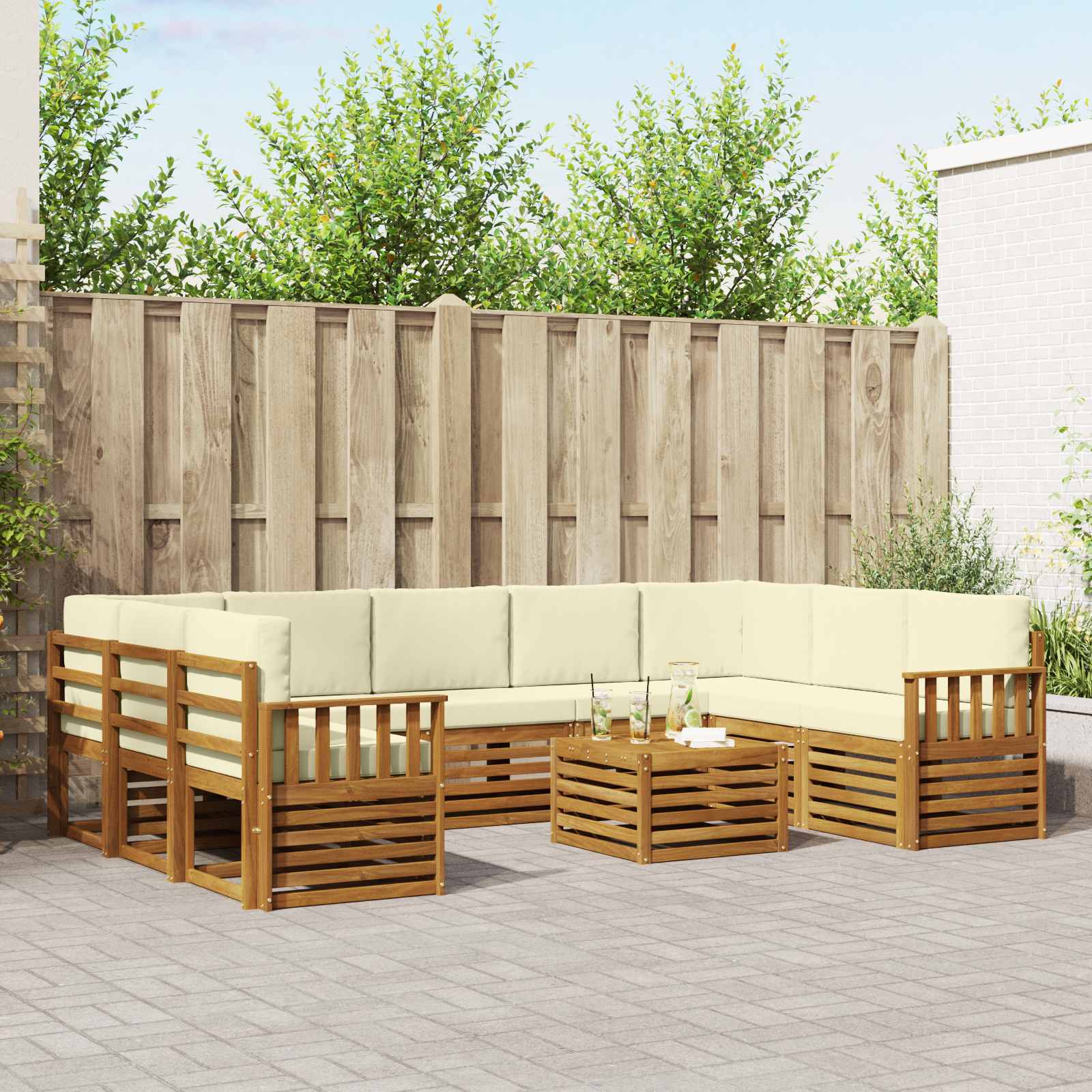 vidaXL Sofa-Sets 10 pcs Natuurlijk en Crème Massief Acaciahout