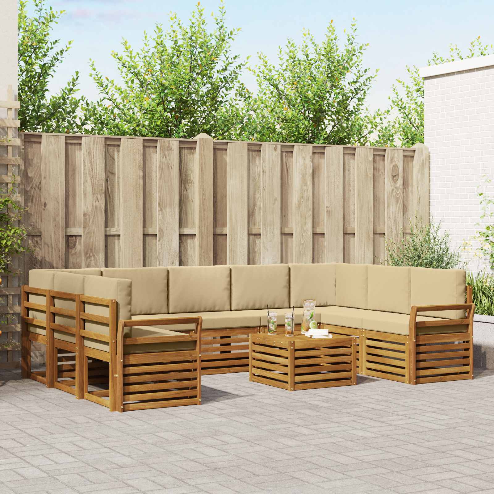 vidaXL Sofa-Sets 10 pcs Natuurlijk en Crème Massief Acaciahout