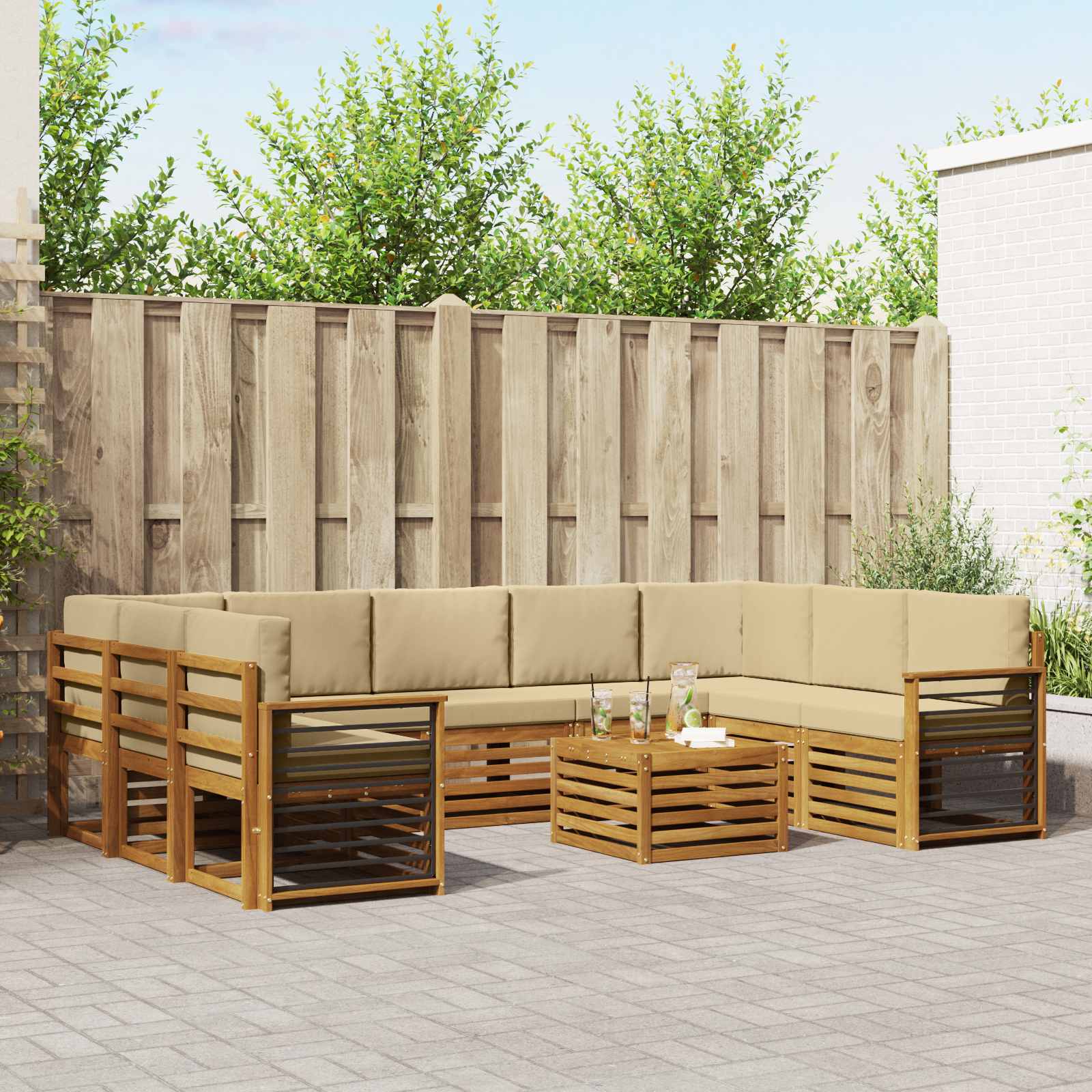 vidaXL Sofa-Sets 10 pcs Natuurlijk en Crème Massief Acaciahout