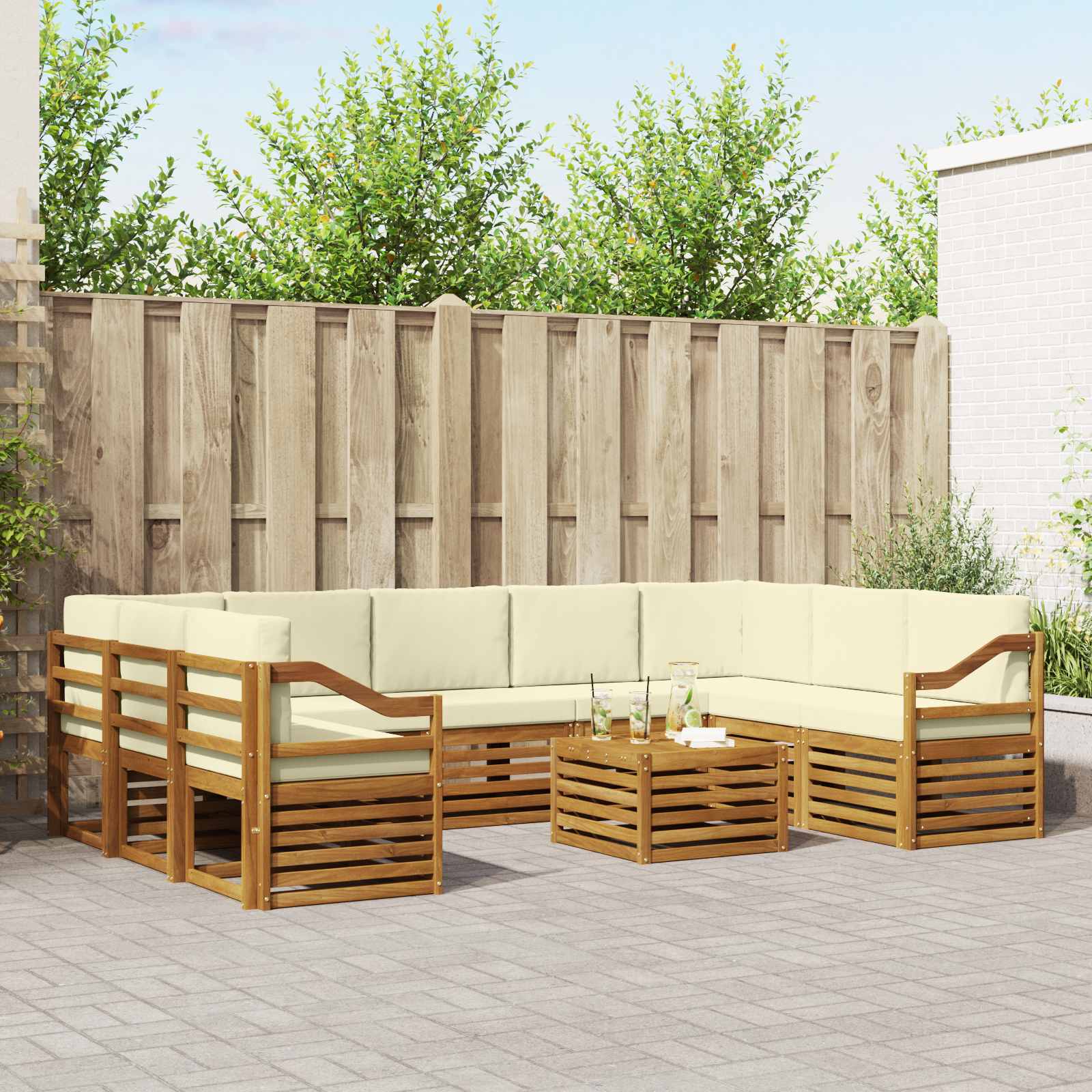 vidaXL Sofa-Sets 10 pcs Natuurlijk en Crème Massief Acaciahout