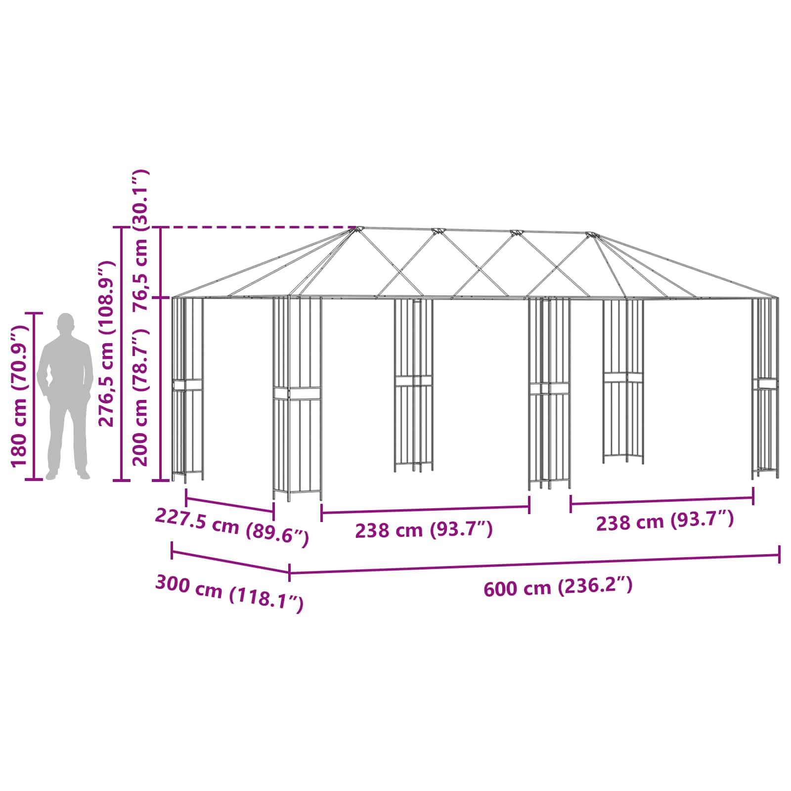 vidaXL Gazebo Frame 6 x 3 m Zwart Staal