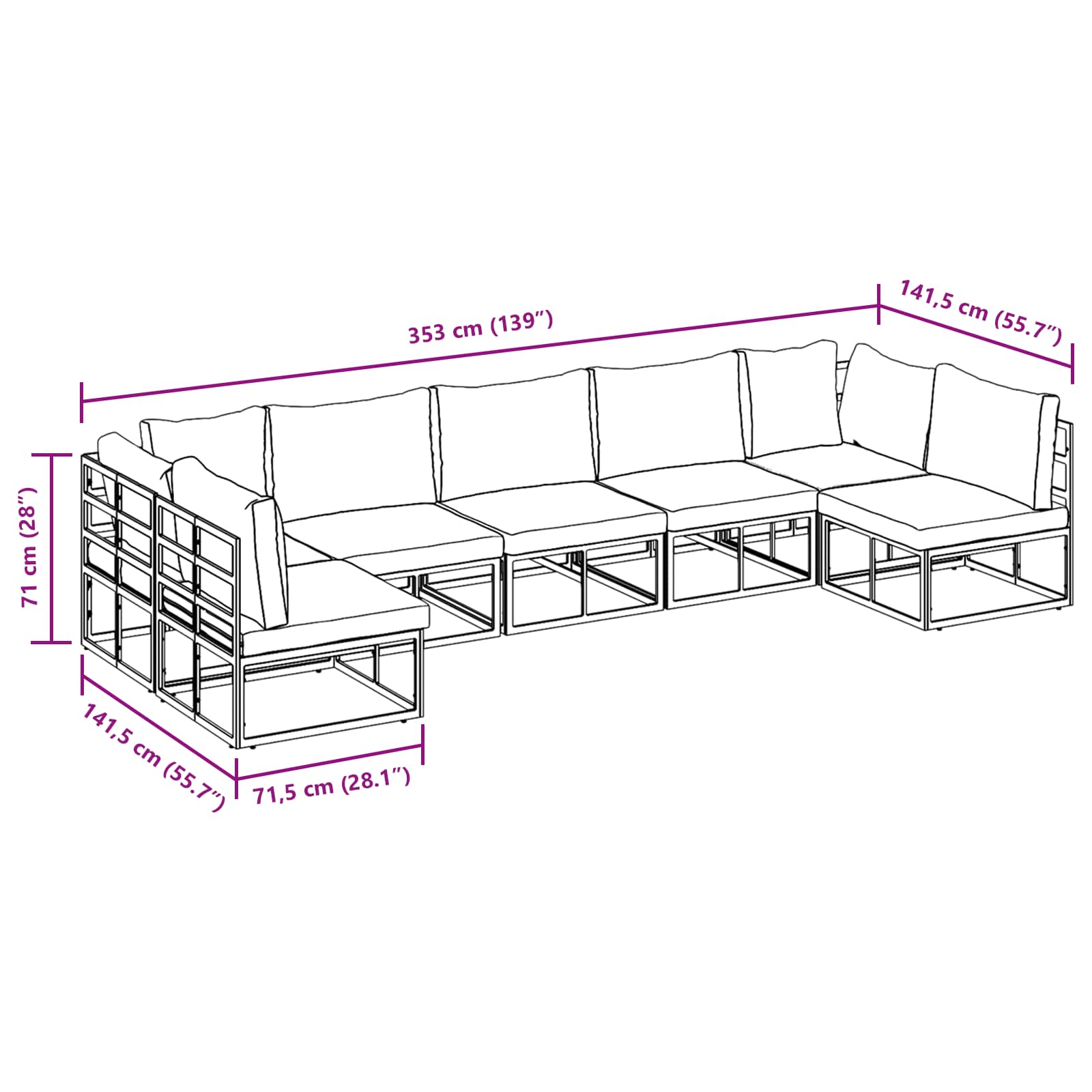vidaXL Tuin Sofa Set met kussen 7 pcs Zwart Aluminium