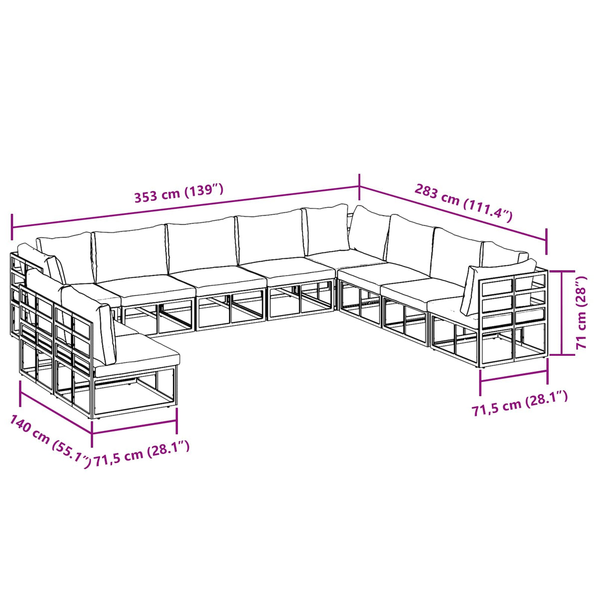 vidaXL Tuin Sofa Set met kussen 10 pcs Zwart Aluminium