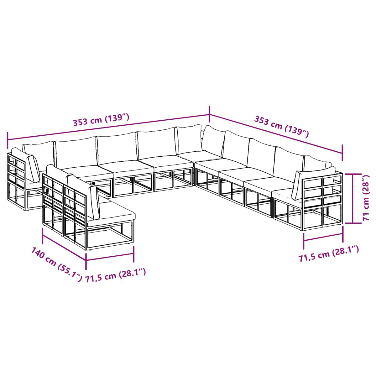 vidaXL Tuin Sofa Set met kussen 11 pcs Zwart Aluminium