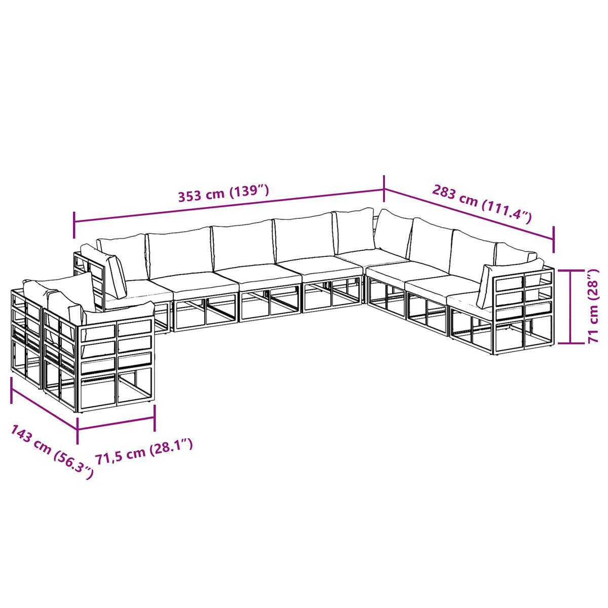 Tuin Sofa Set met kussen 10 pcs Zwart Aluminium