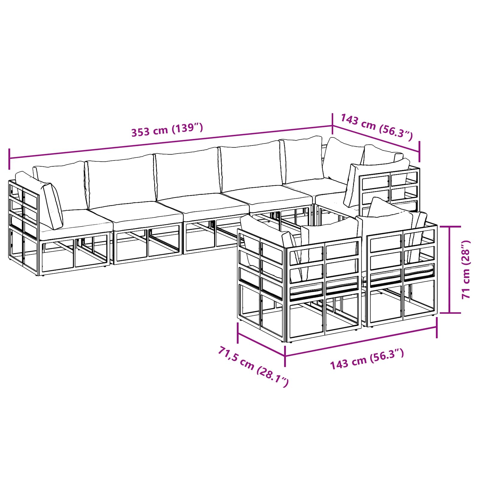 Tuin Sofa Set met kussen 8 pcs Zwart Aluminium