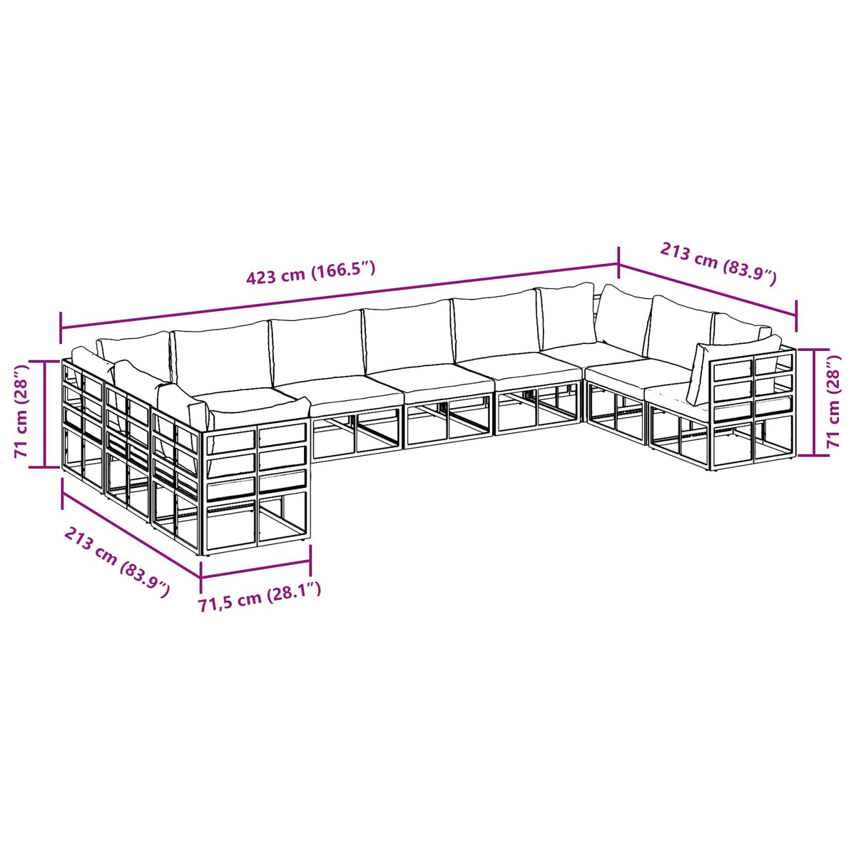 vidaXL Tuin Sofa Set met kussen 10 pcs Zwart Aluminium