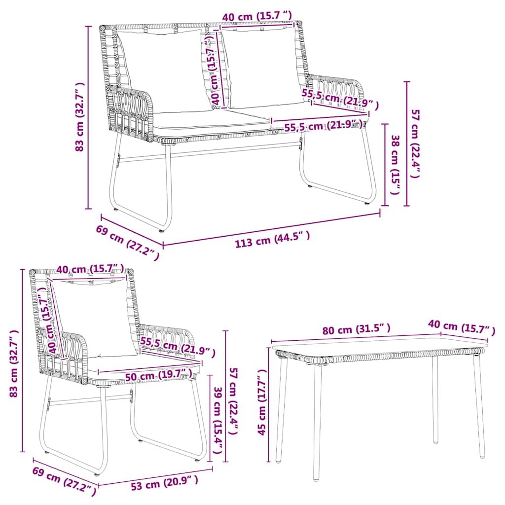 Tuinmeubelset 4 pcs Zwart, Antraciet Poly rattan, staal, polyester