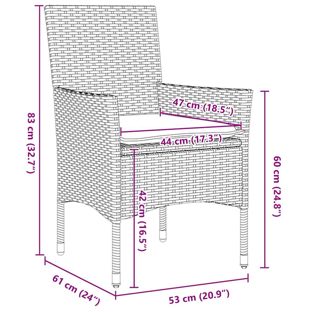 vidaXL Tafel en stoelen set met kussen 3 pcs Bruin PE Rattan