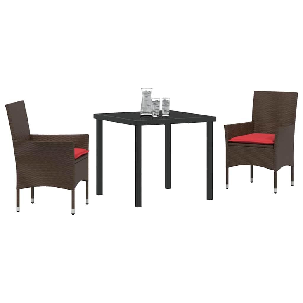 vidaXL Tafel en stoelen set met kussen 3 pcs Bruin PE Rattan