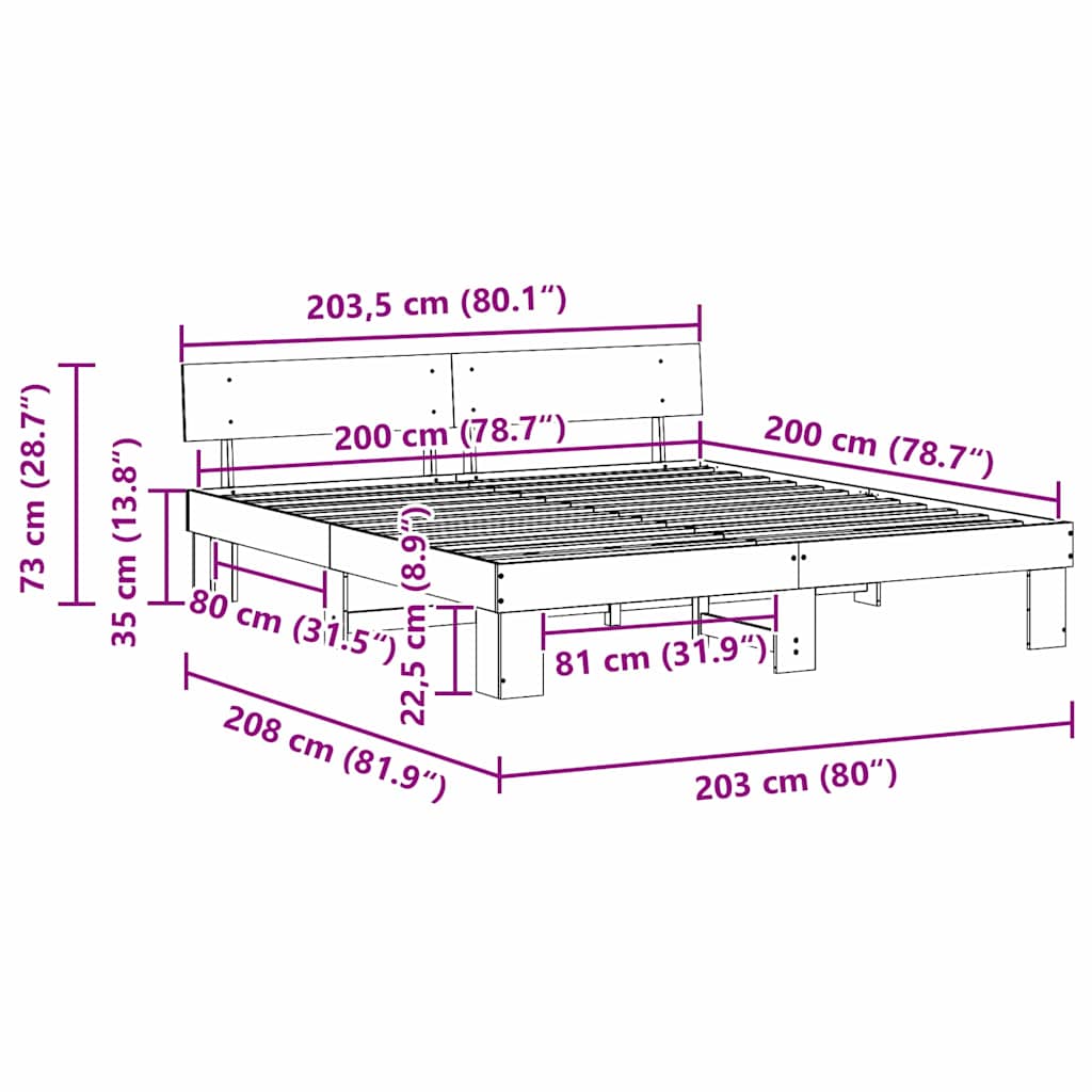 vidaXL Bedframe met hoofdeinde Bruin 200 x 200 cm Massief grenenhout