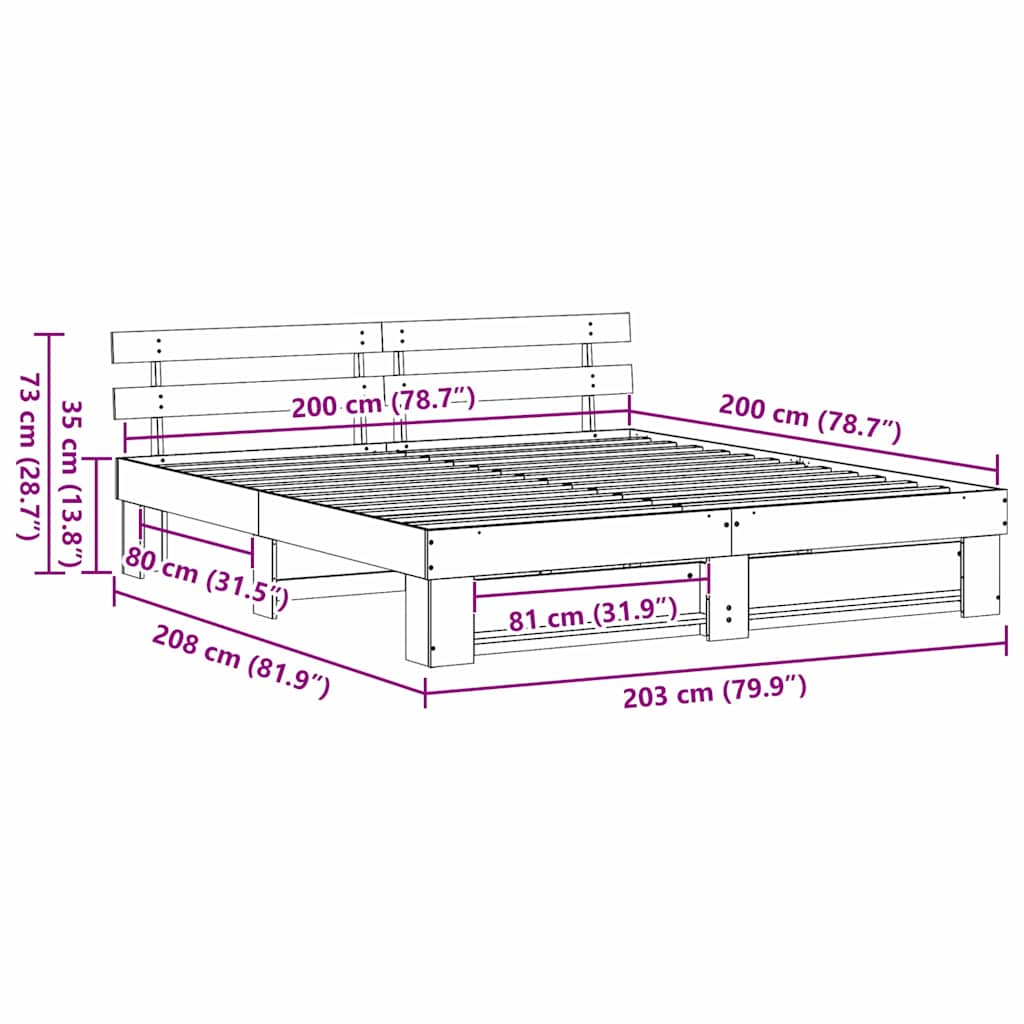 vidaXL Bedframe met hoofdeinde Bruin 200 x 200 cm Massief grenenhout