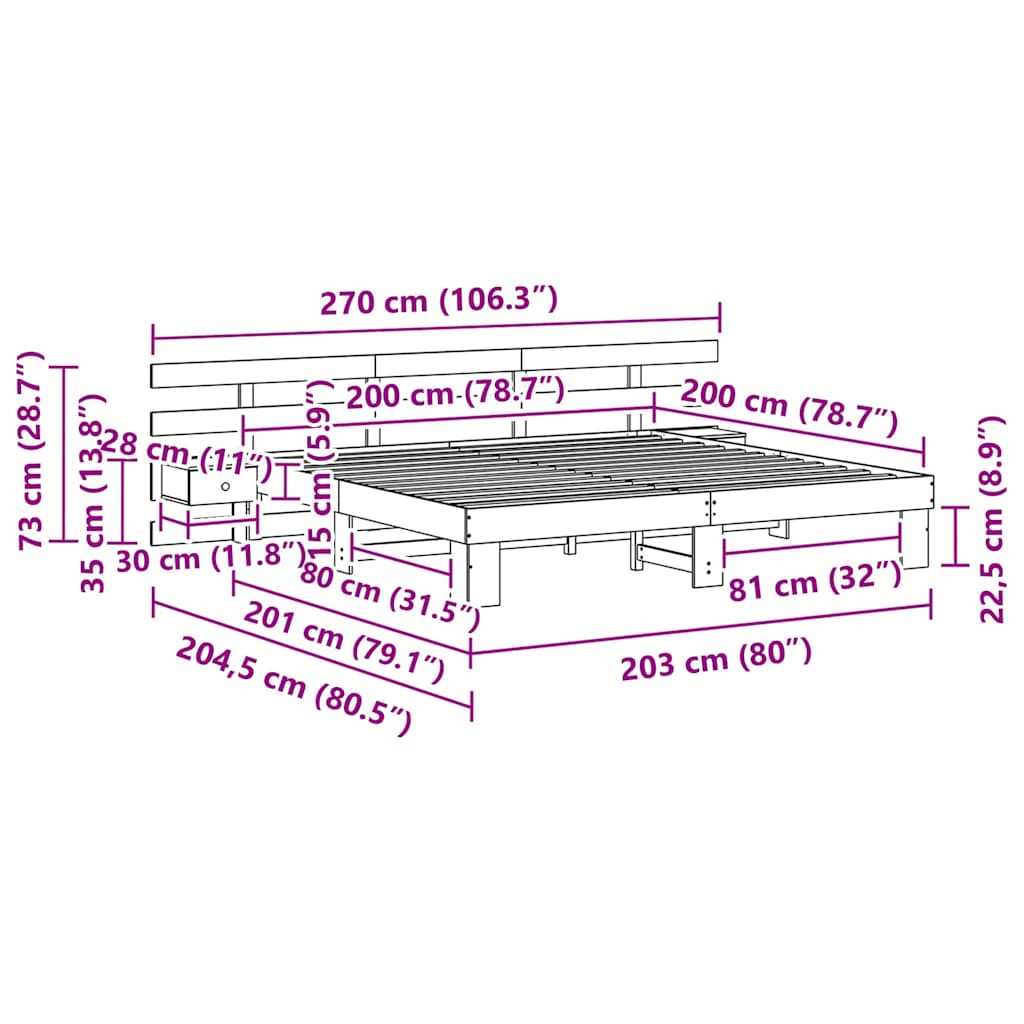 vidaXL Bedframe met lade Bruin 200 x 200 cm Massief grenenhout