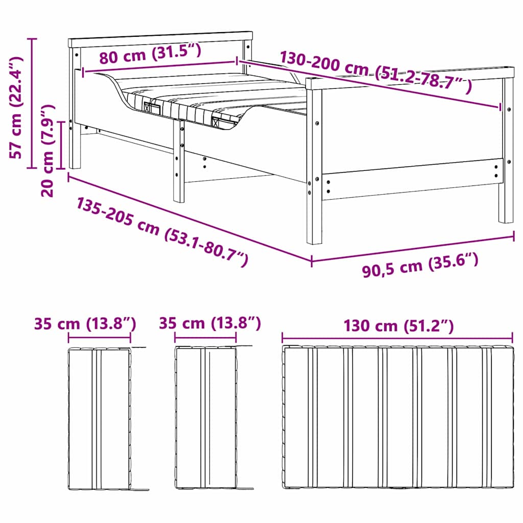 vidaXL Bedframe met matras Bruin 80 x 200 cm Massief grenenhout