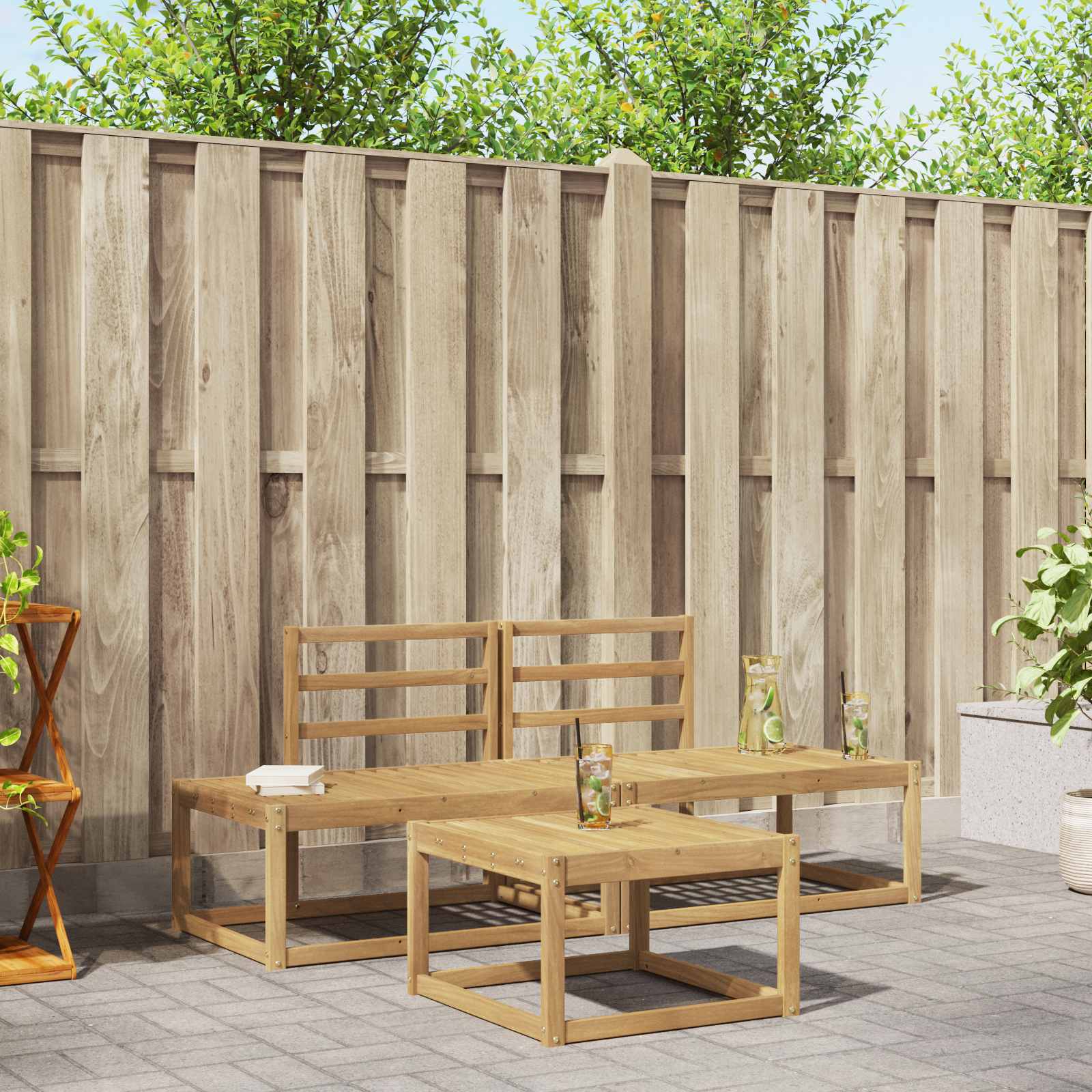 vidaXL Bankstel 3 pcs Naturel Massief Acaciahout en Polyester