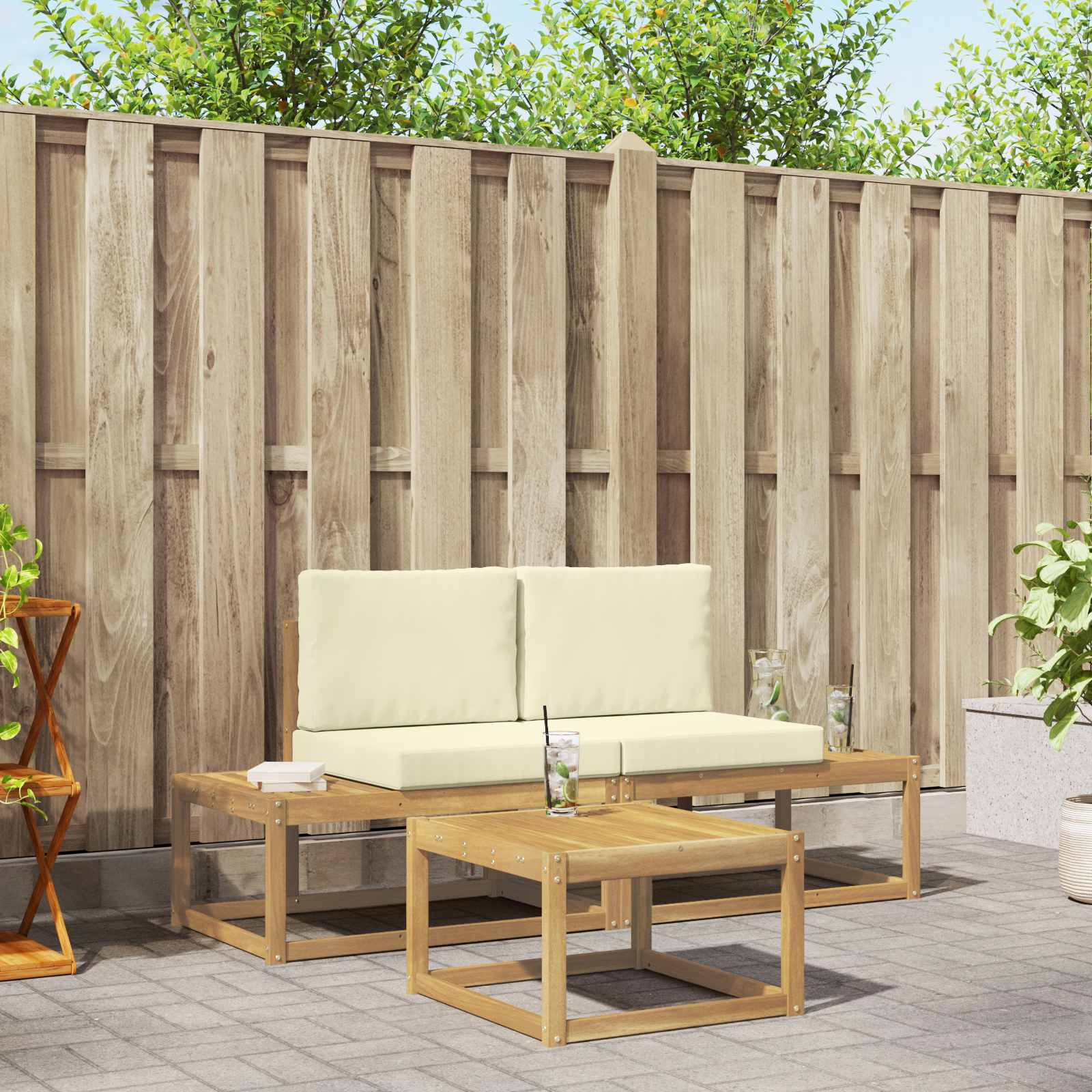 vidaXL Bankstel 3 pcs Naturel Massief Acaciahout en Polyester