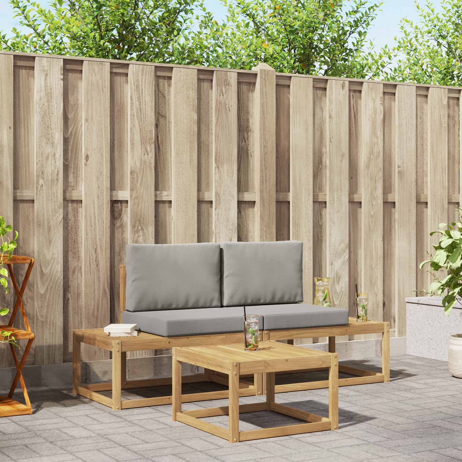 vidaXL Bankstel 3 pcs Naturel Massief Acaciahout en Polyester