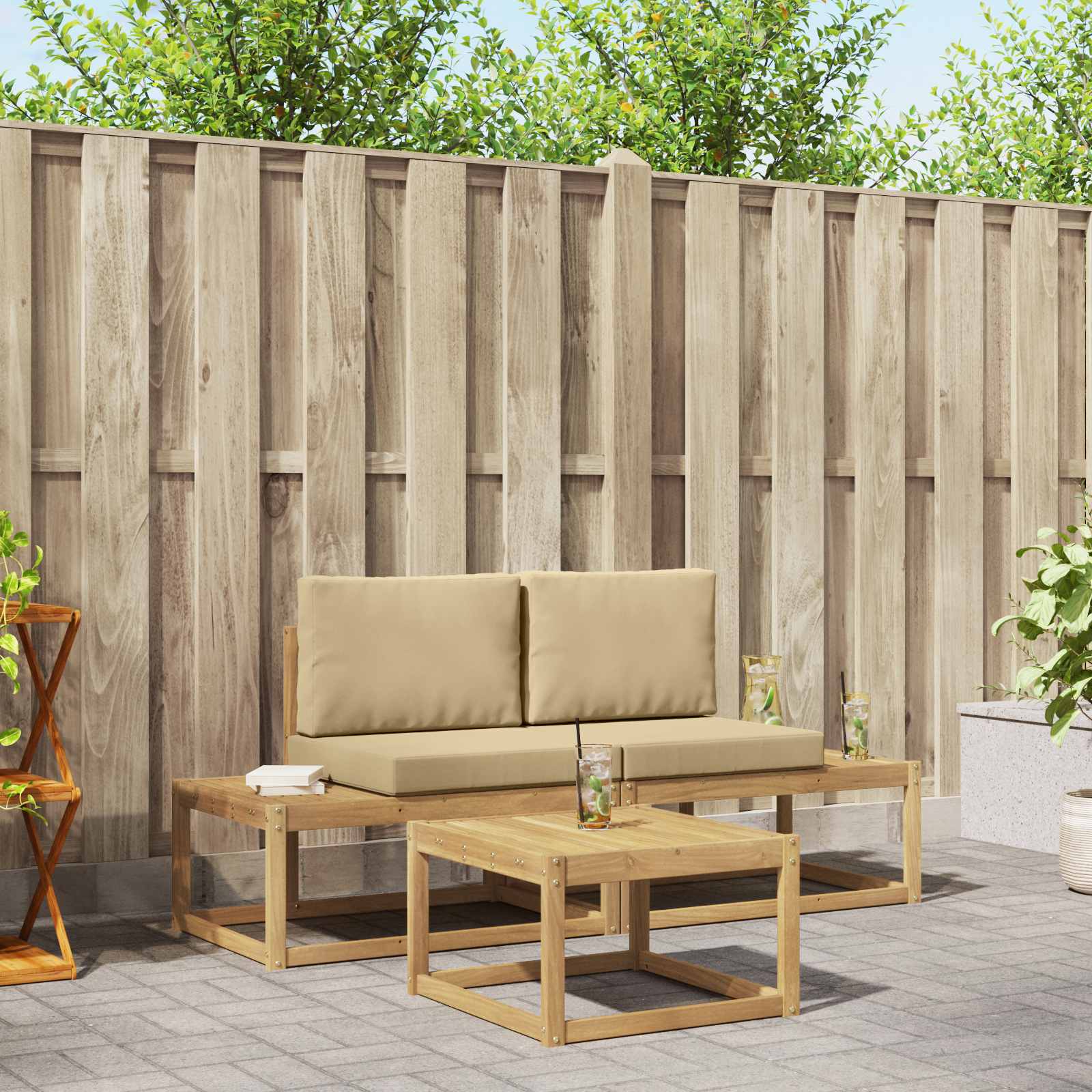 vidaXL Bankstel 3 pcs Naturel Massief Acaciahout en Polyester