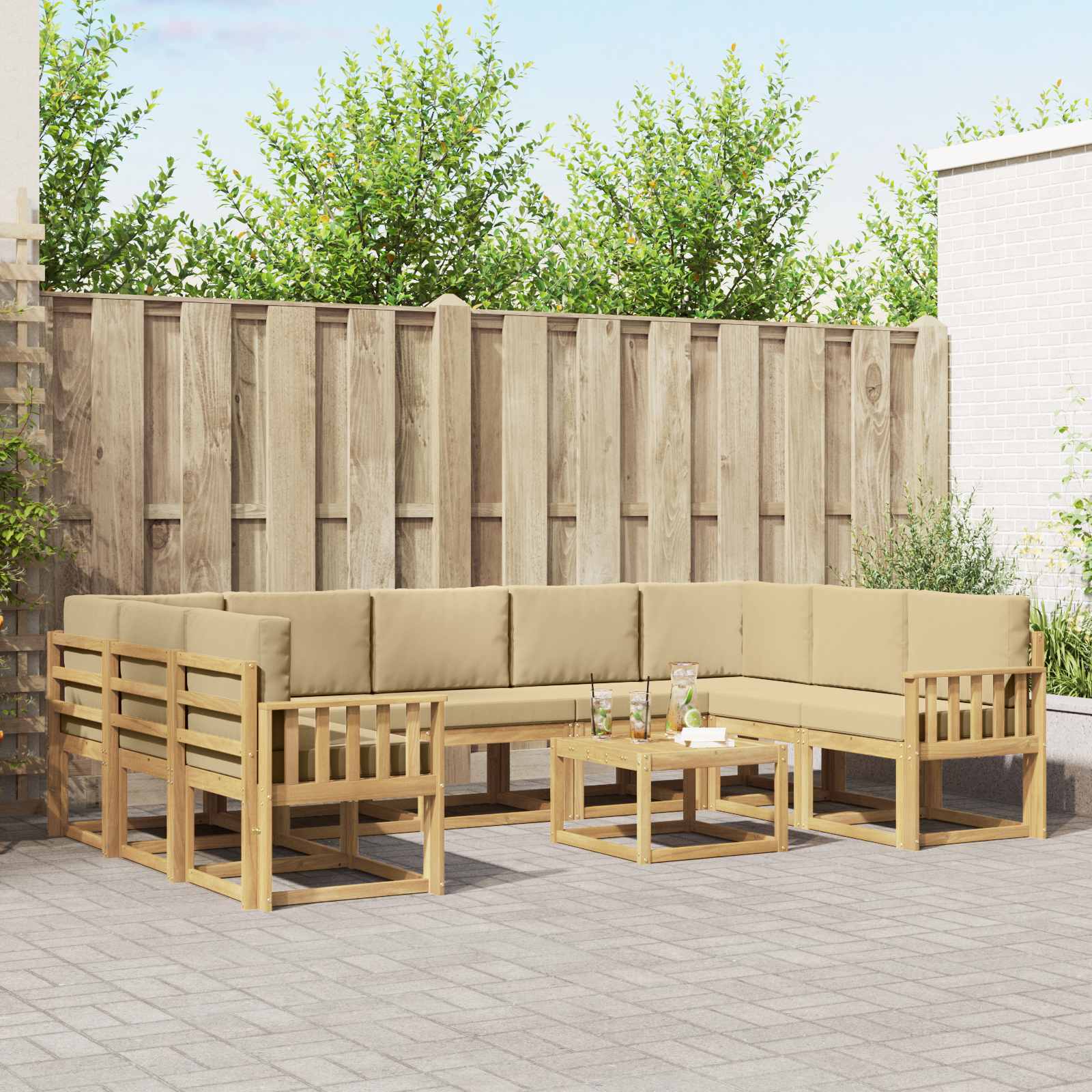 vidaXL Bankstel met kussen 10 pcs Natuurlijk en Crème
