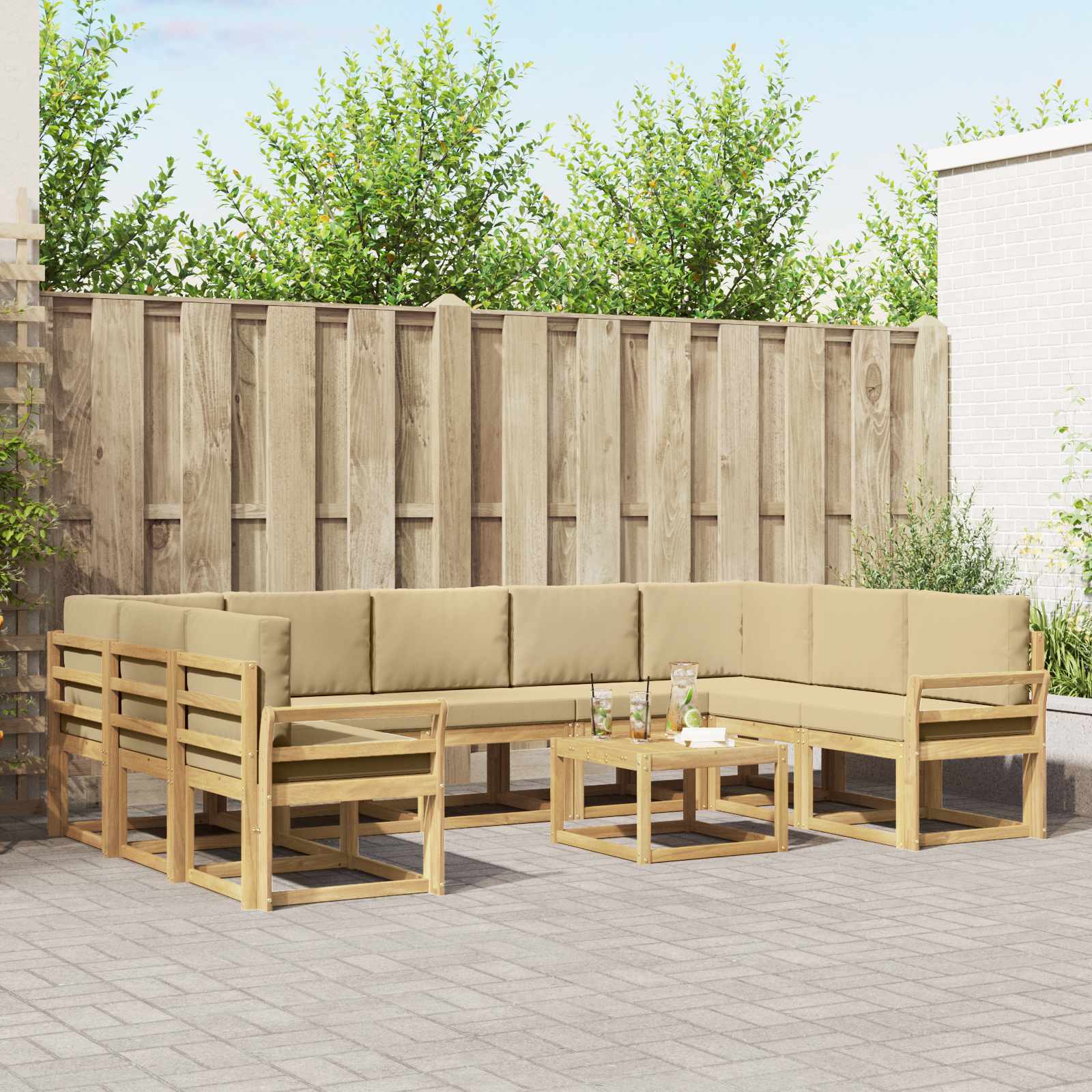 vidaXL Bankstel met kussen 10 pcs Natuurlijk en Crème