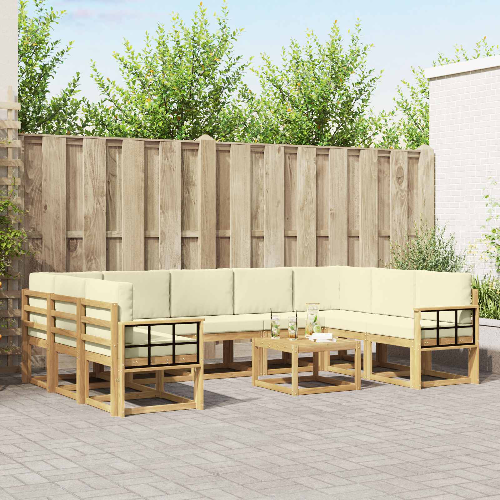 vidaXL Bankstel met kussen 10 pcs Natuurlijk en Crème