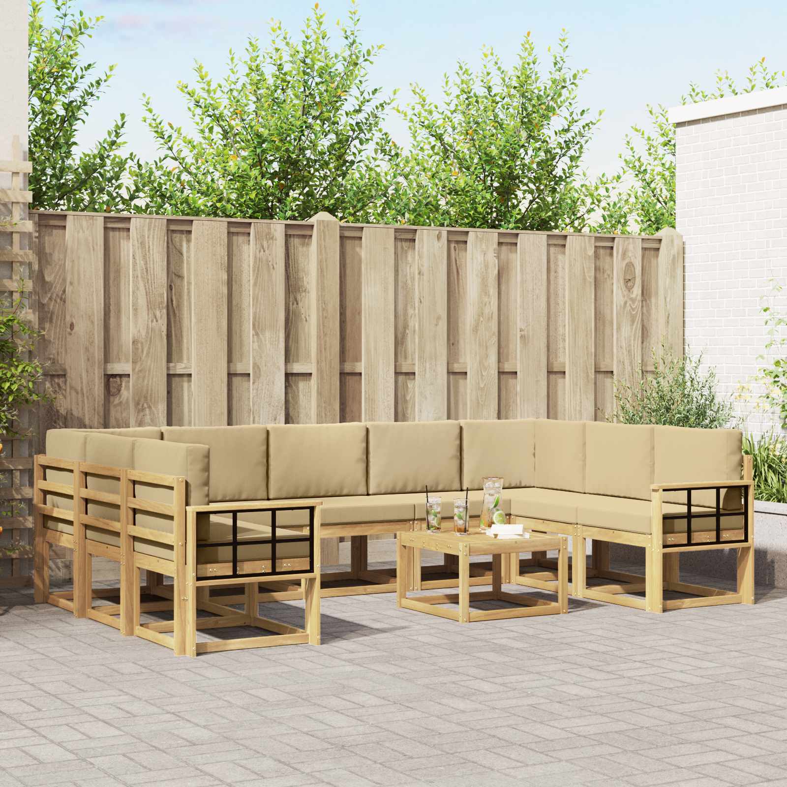 vidaXL Bankstel met kussen 10 pcs Natuurlijk en Crème