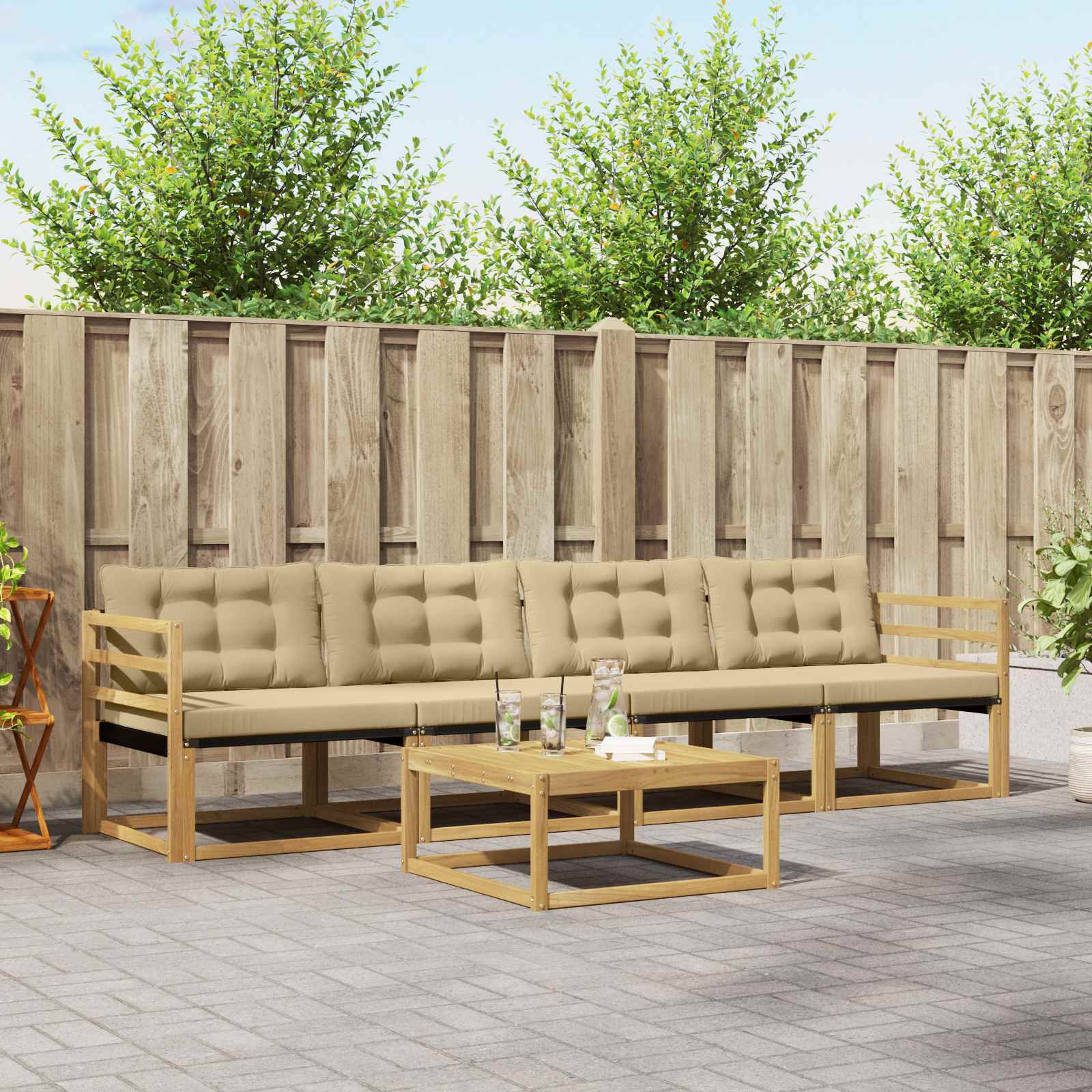 vidaXL Buiten bankenset met kussen 5 pcs Natuurlijk en Crème
