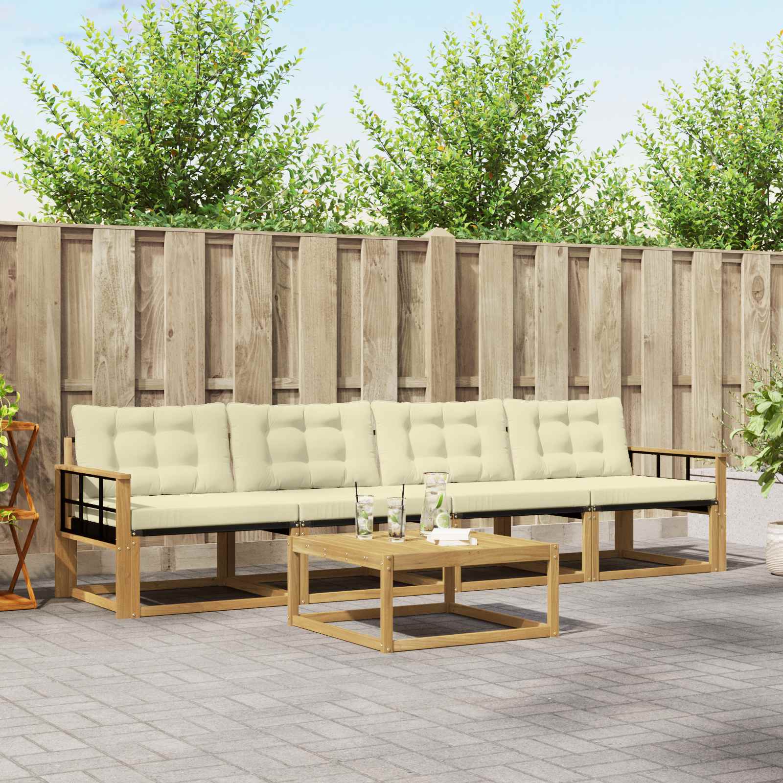 vidaXL Buiten bankenset met kussen 5 pcs Natuurlijk en Crème