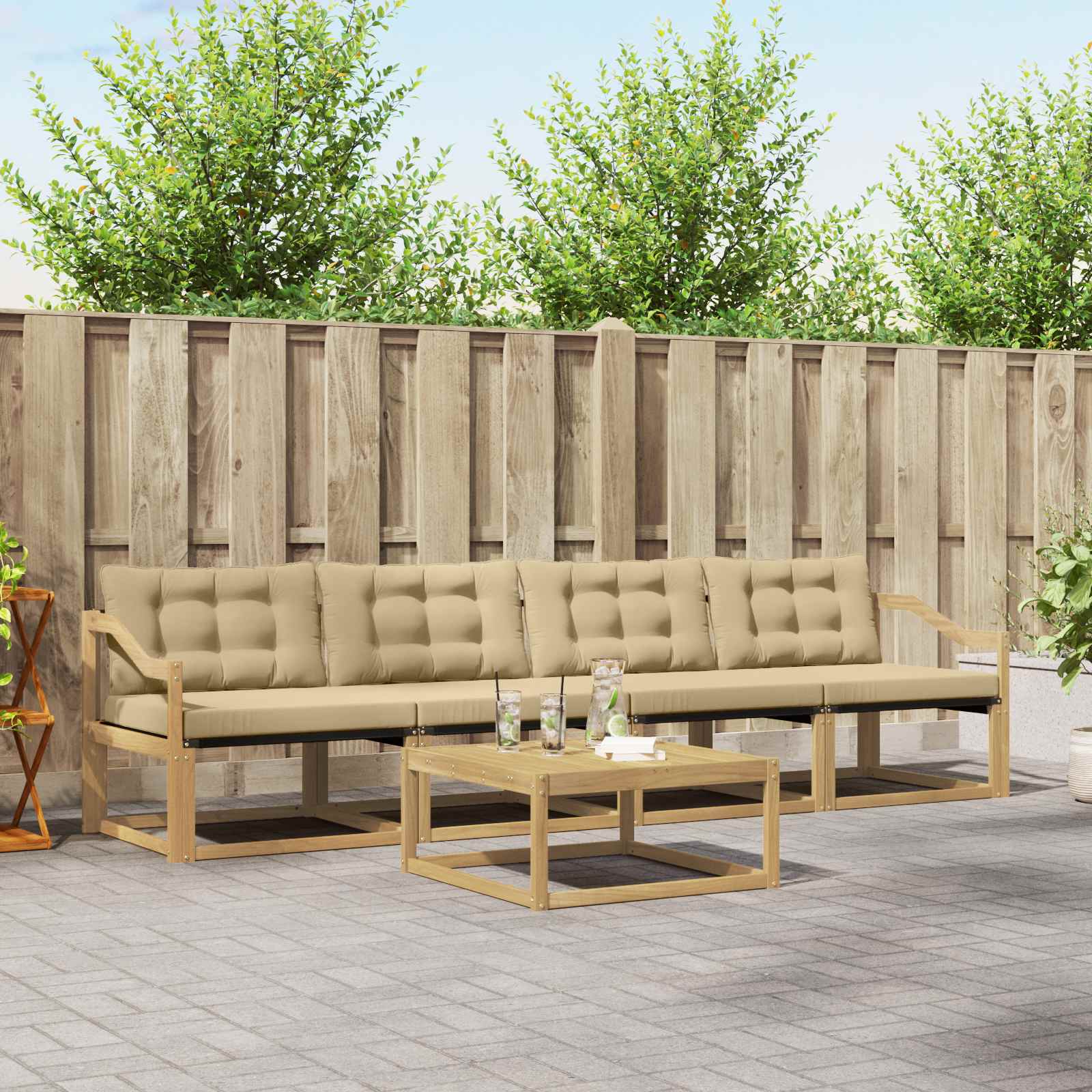vidaXL Buiten bankenset met kussen 5 pcs Natuurlijk en Crème
