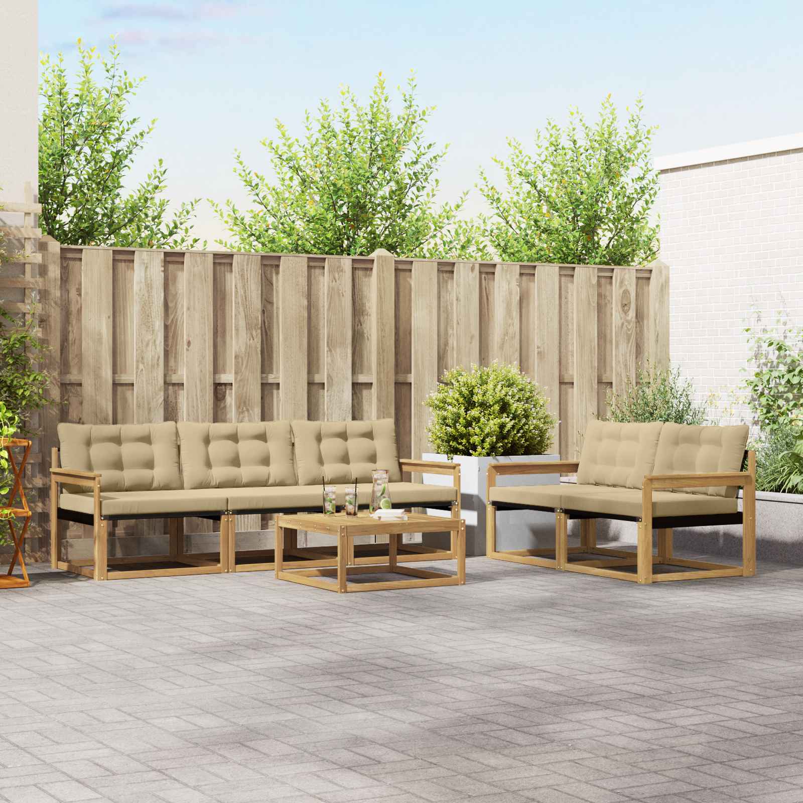 vidaXL Buiten bankenset met kussen 6 pcs Natuurlijk en Crème