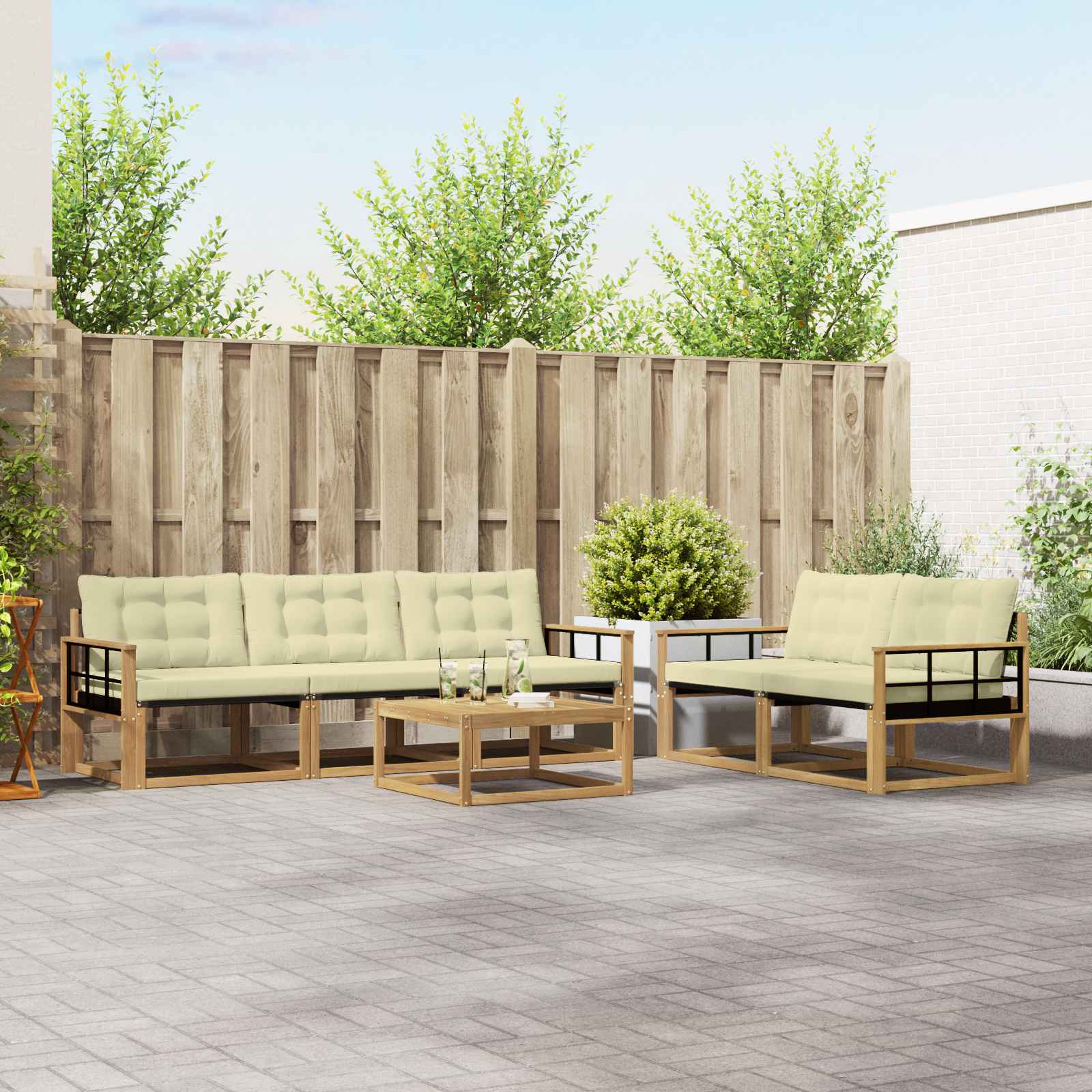 vidaXL Buiten bankenset met kussen 6 pcs Natuurlijk en Crème