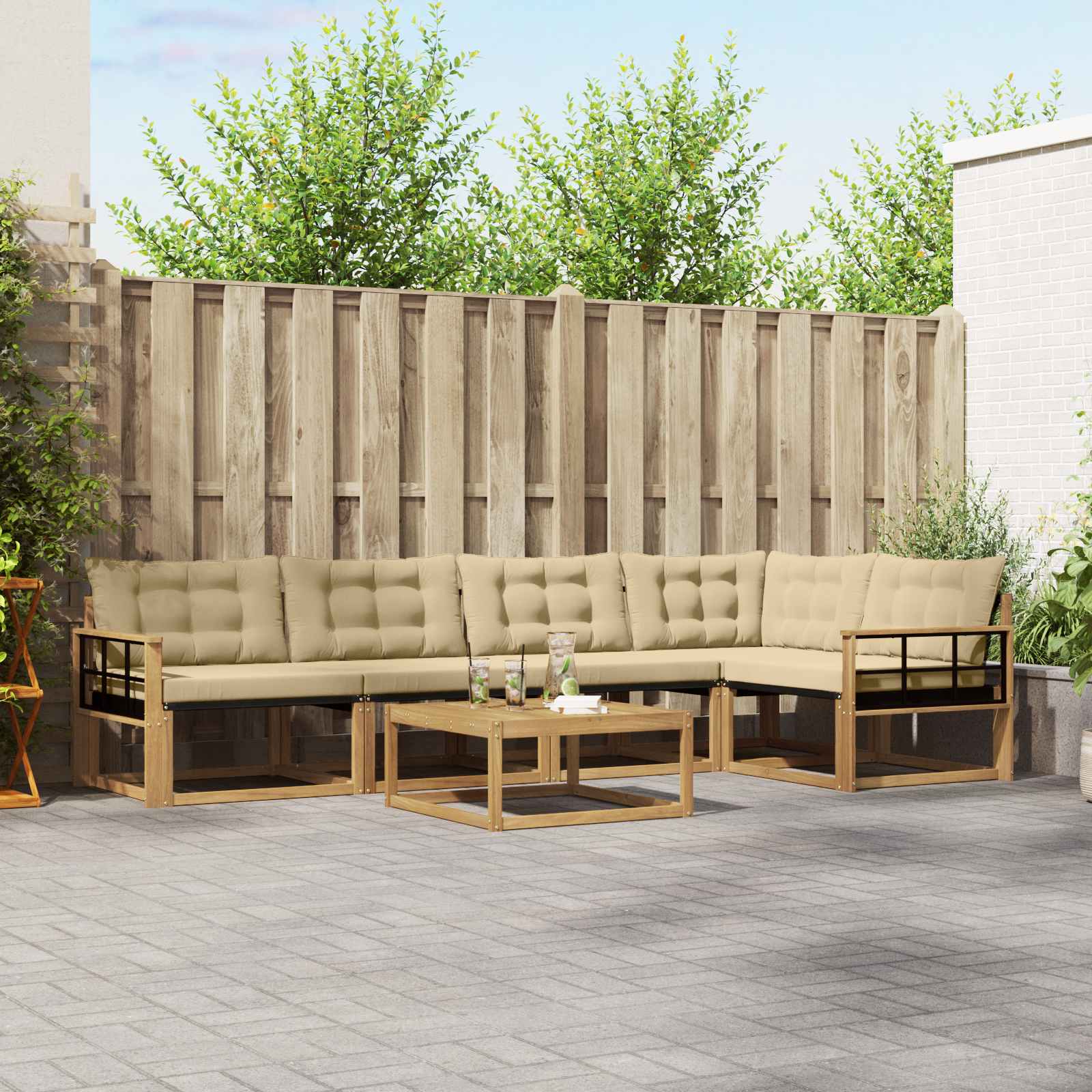 vidaXL Buiten bankenset met kussen 6 pcs Natuurlijk en Crème