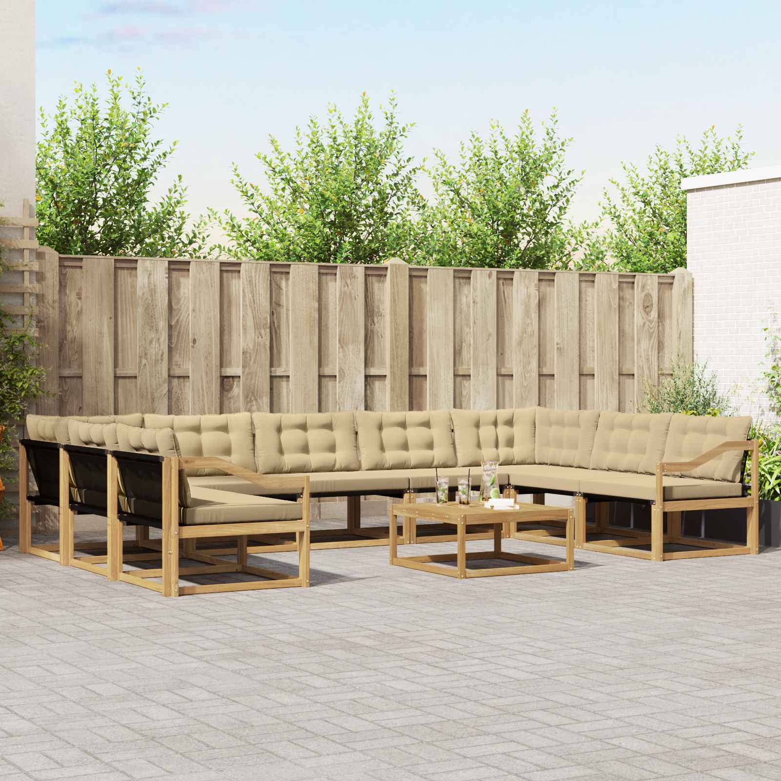 vidaXL Buiten bankenset met kussen 10 pcs Natuurlijk en Crème