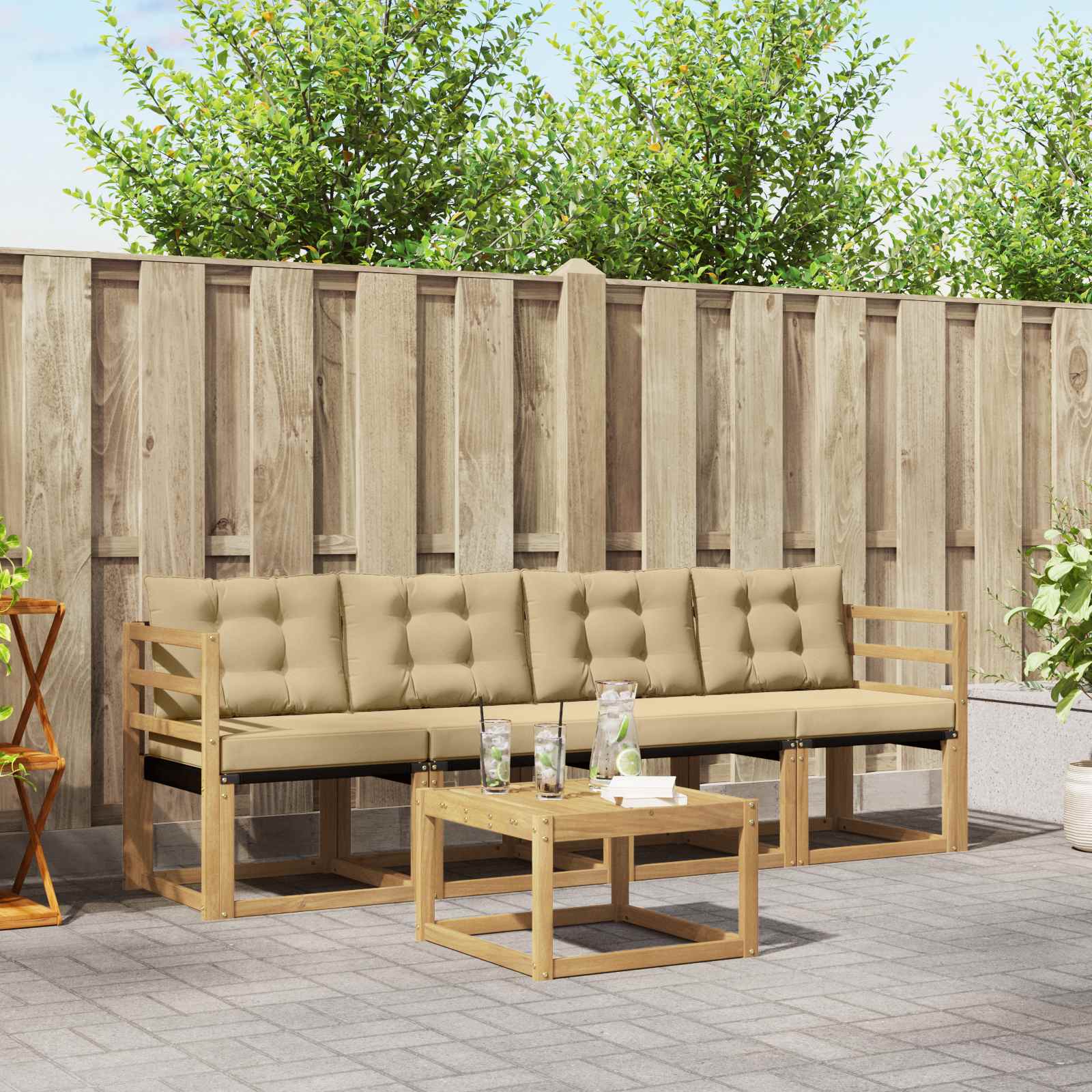 vidaXL Buiten bankenset met kussen 5 pcs Natuurlijk en Crème